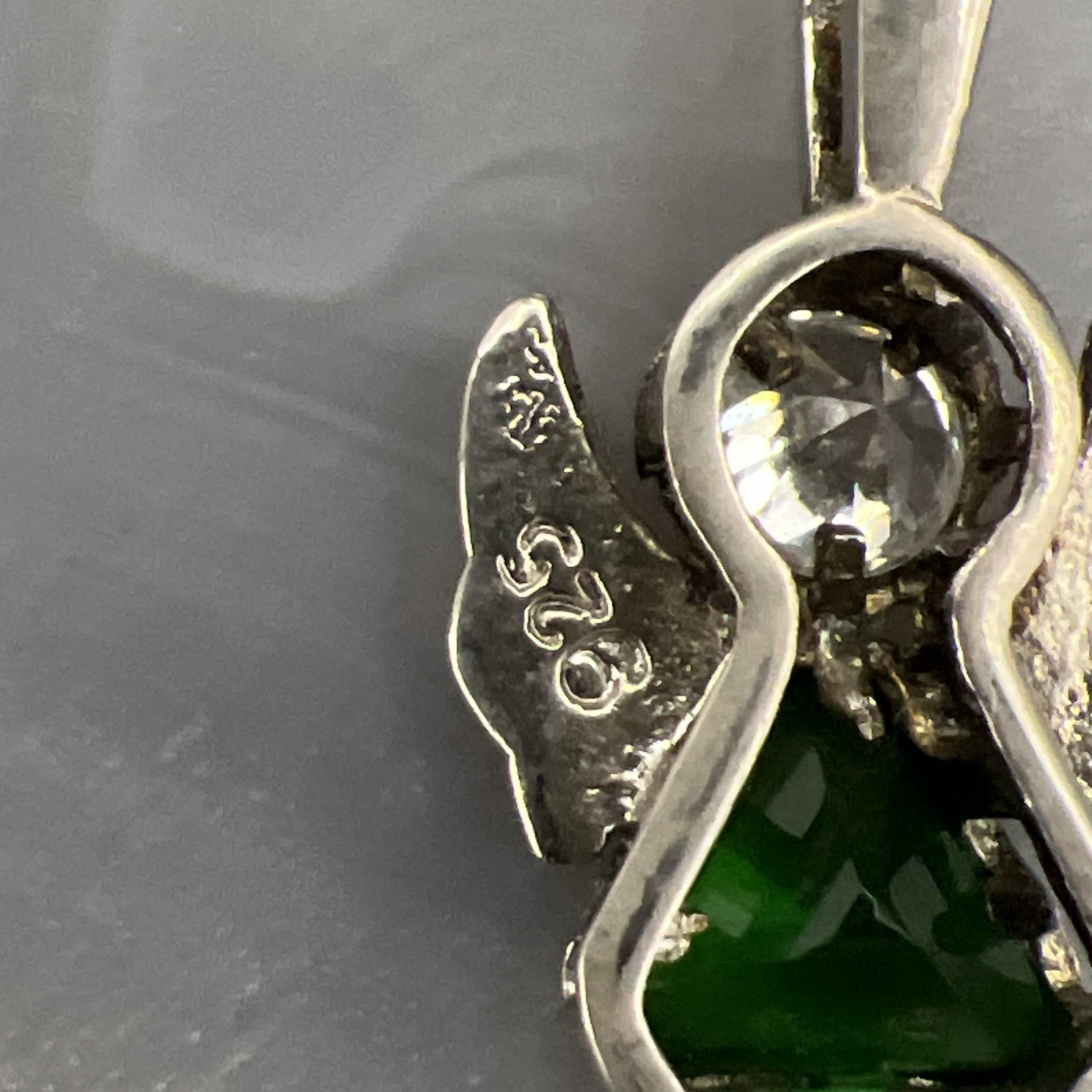 925 Sterling Silver Angel Pendant ~ May Green Birth Stone Girl Woman VTG 1” 2.1g