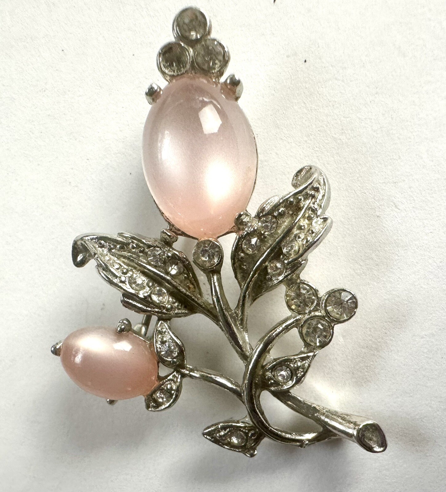 VTG Petal Pink Moonglow Rhinestone Thermoset Flower Brooch -possible early Coro