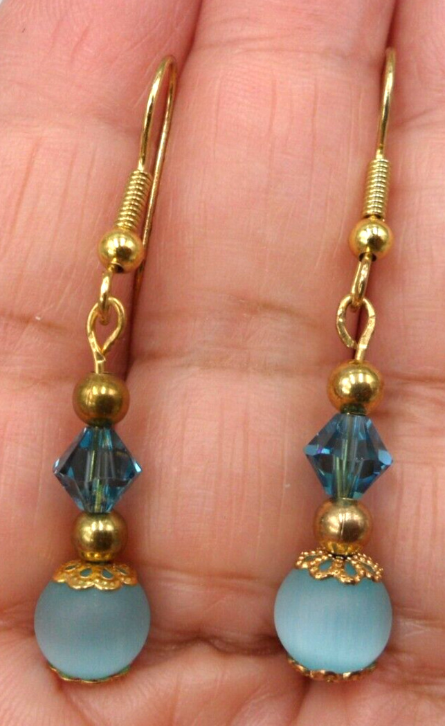 Vintage Jewelry Set Blue Cats Eye Glass Bicone Bead Necklace Bracelet Earrings