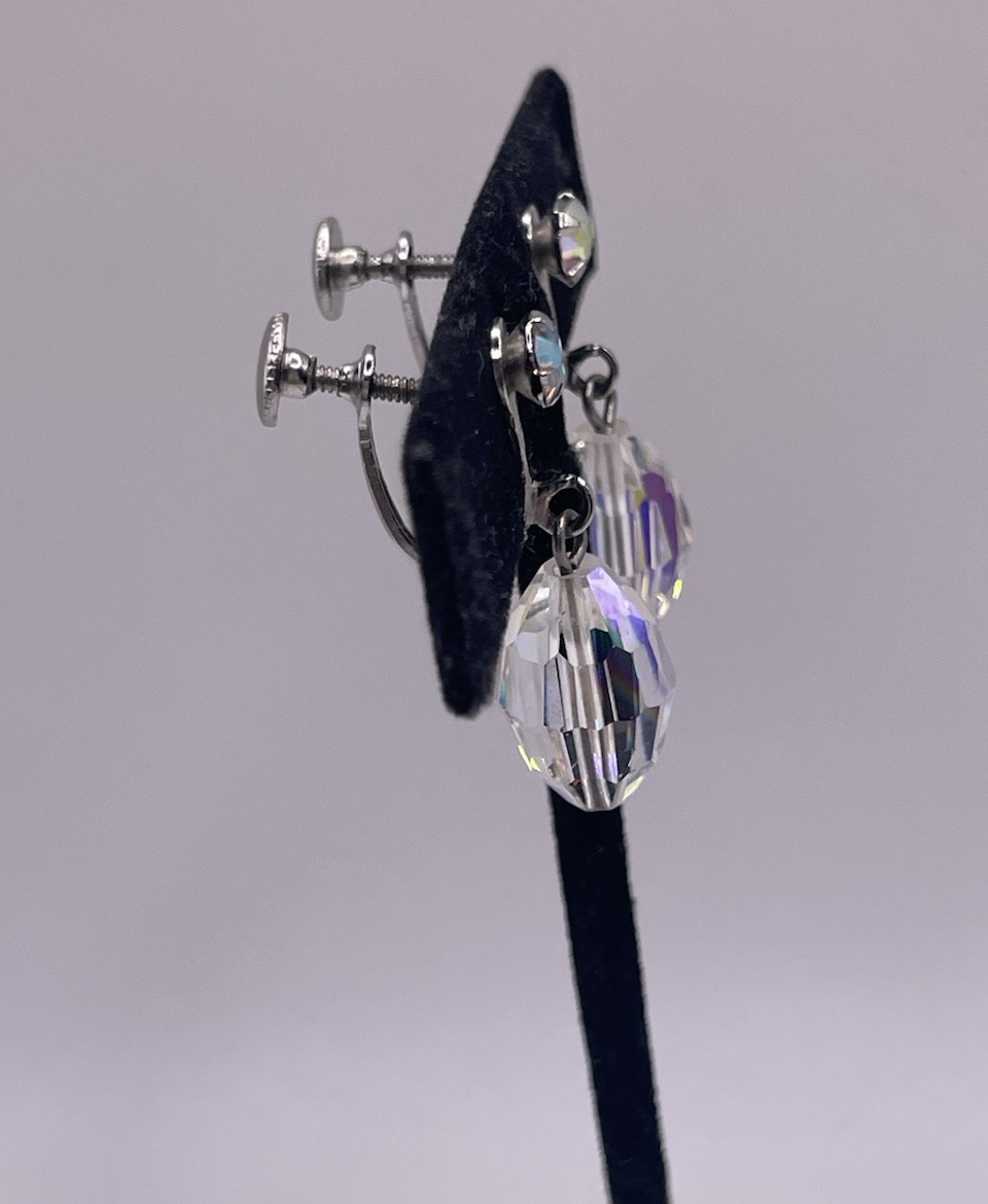 Vintage AB Aurora Borealis Faceted Crystal Drop Dangle Screw Back Earrings