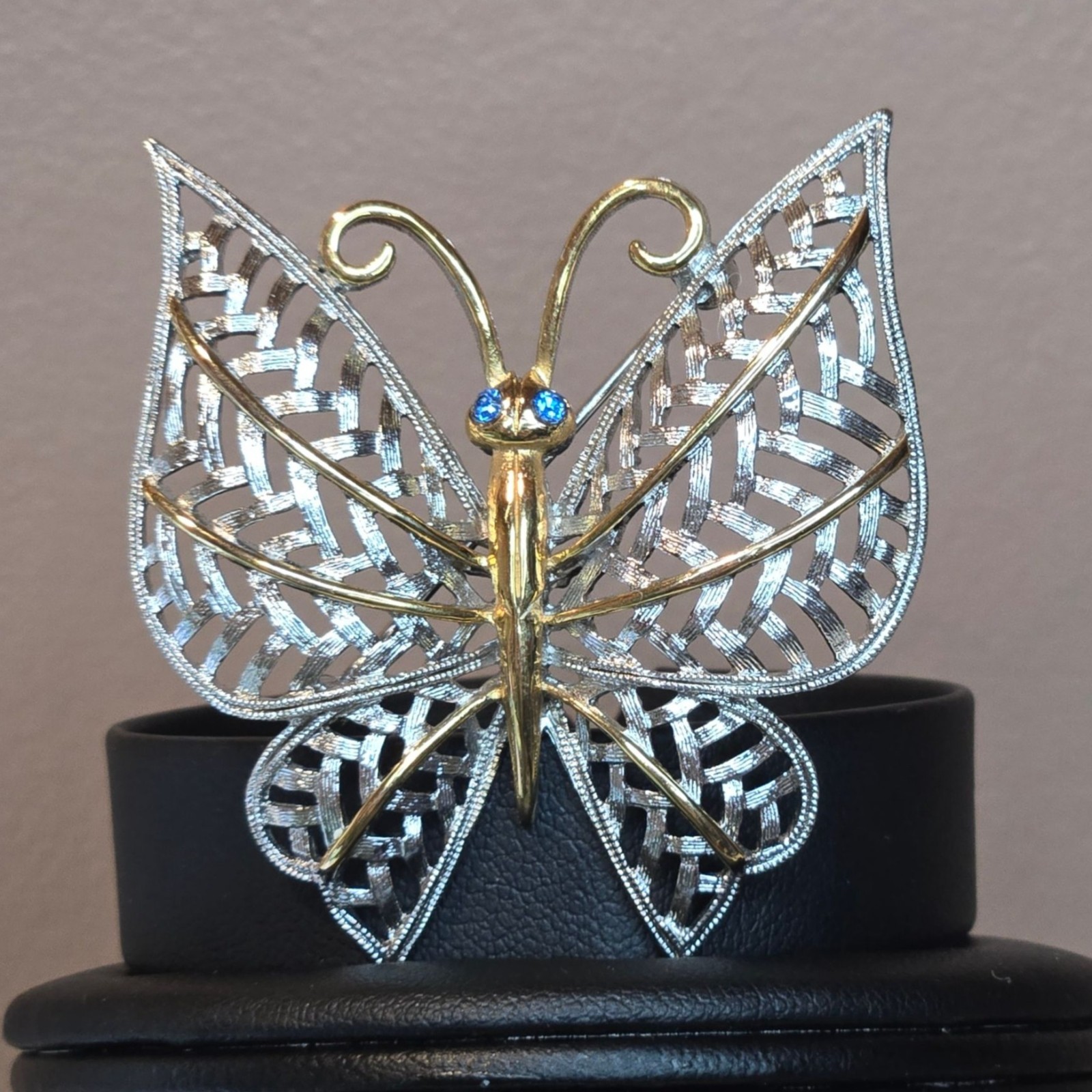 Vintage Avon Butterfly Brooch Silver Gold Tone Filigree Blue crystal Rhinestones
