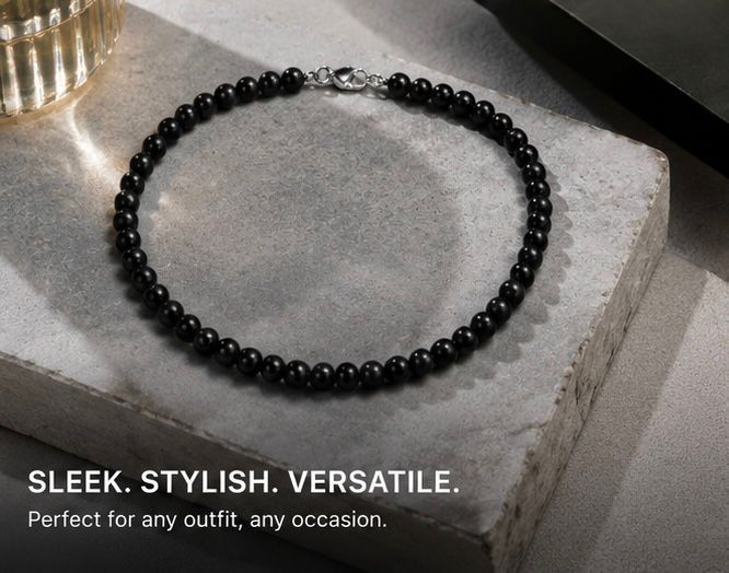 Unisex Faux Pearl Beaded Necklace, Black, 45cm Matte Choker Chain, Minimalist