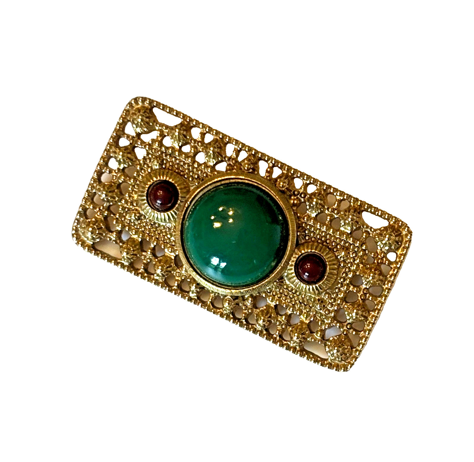 VTG Victorian Etruscan Revival Brooch Green Burgundy Cabochons GoldTone Filigree