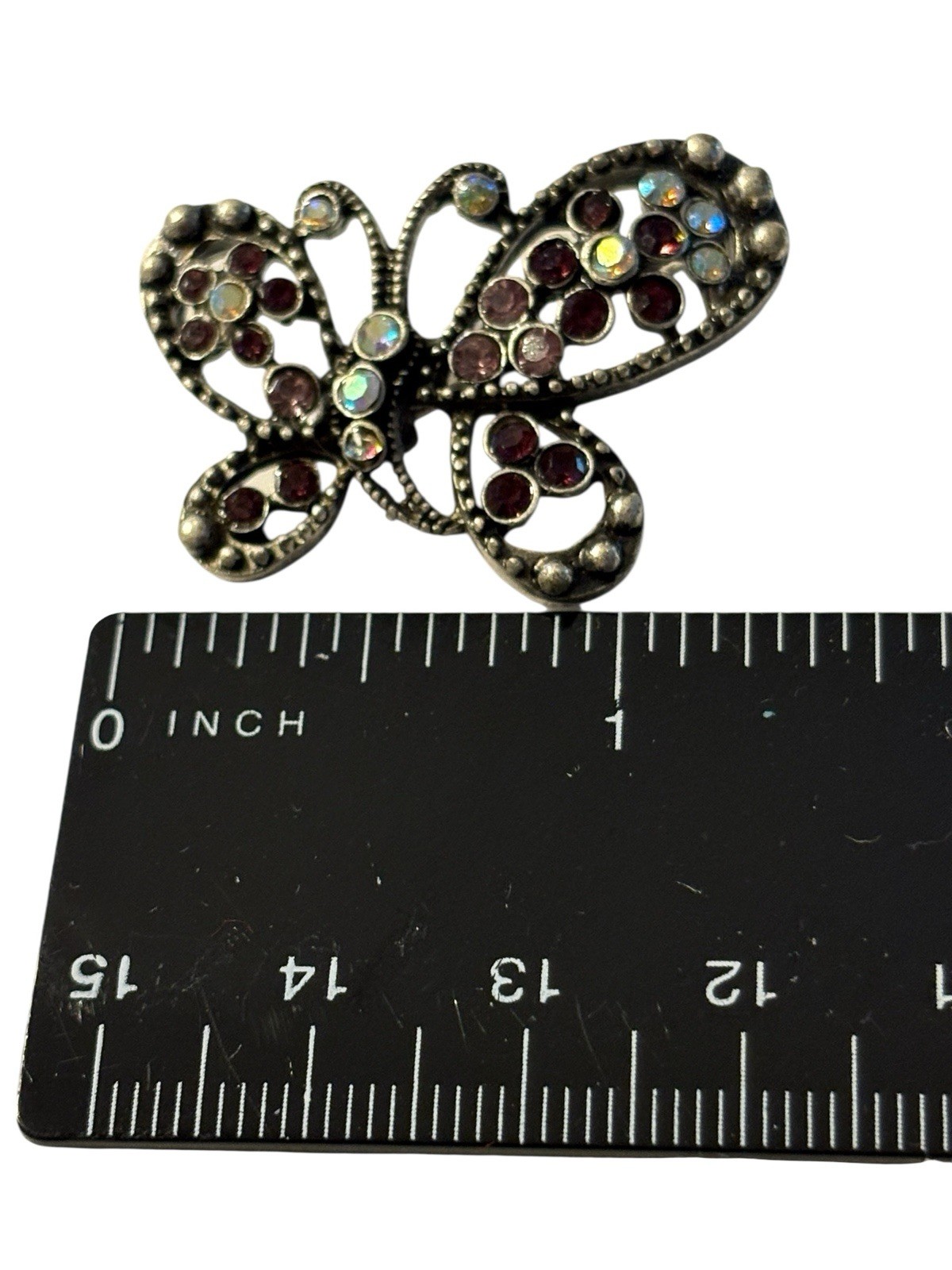 Butterfly Brooch Pin Silver Tone Purple Aurora Borealis Rhinestones Textured VTG