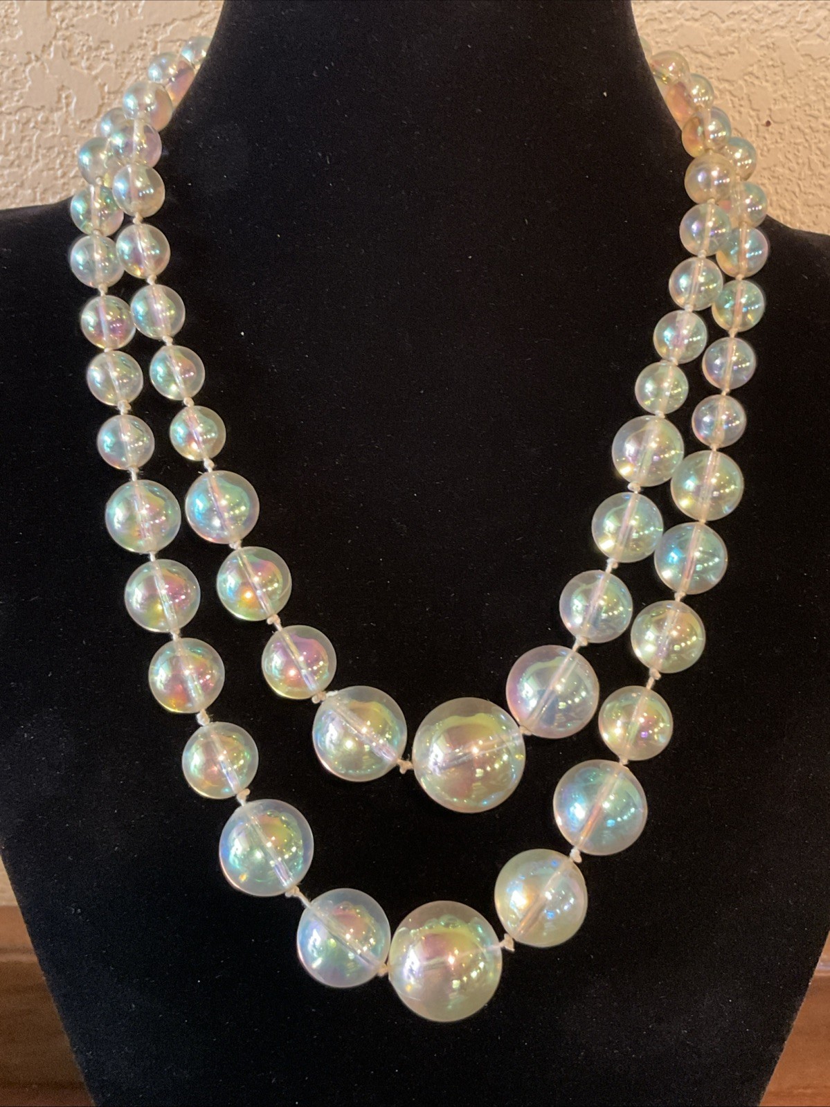 Vintage 18” Clear Iridescent Beaded Necklace Graduated Round Double Strands