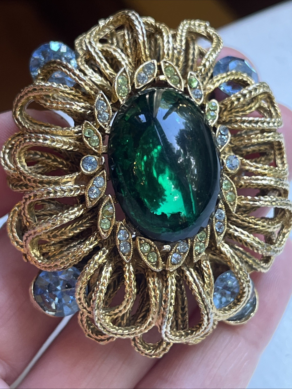 Vintage Capri Green Gripoix Glass Cabochon Blue Green Rhinestone Ornate Brooch