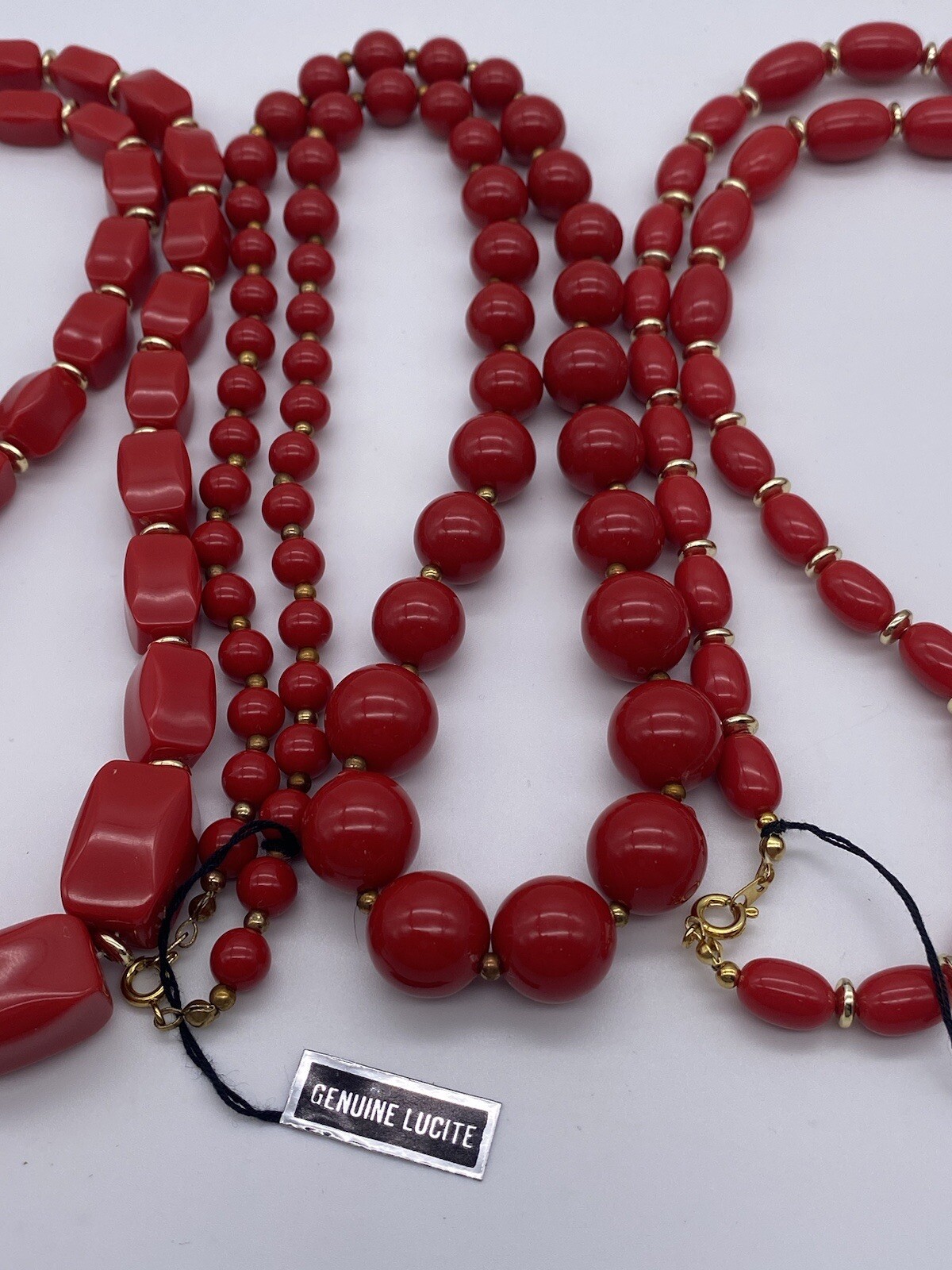 3 Vintage Genuine Lucite Red And Gold Tone Necklaces Made In Hong Kong