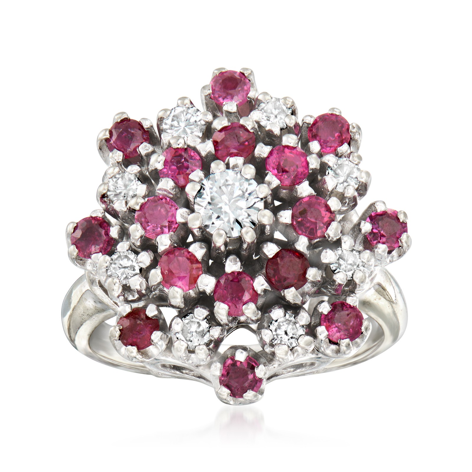 Vint rubies & Diamond Cluster Rng in 14k White Gold Size 7