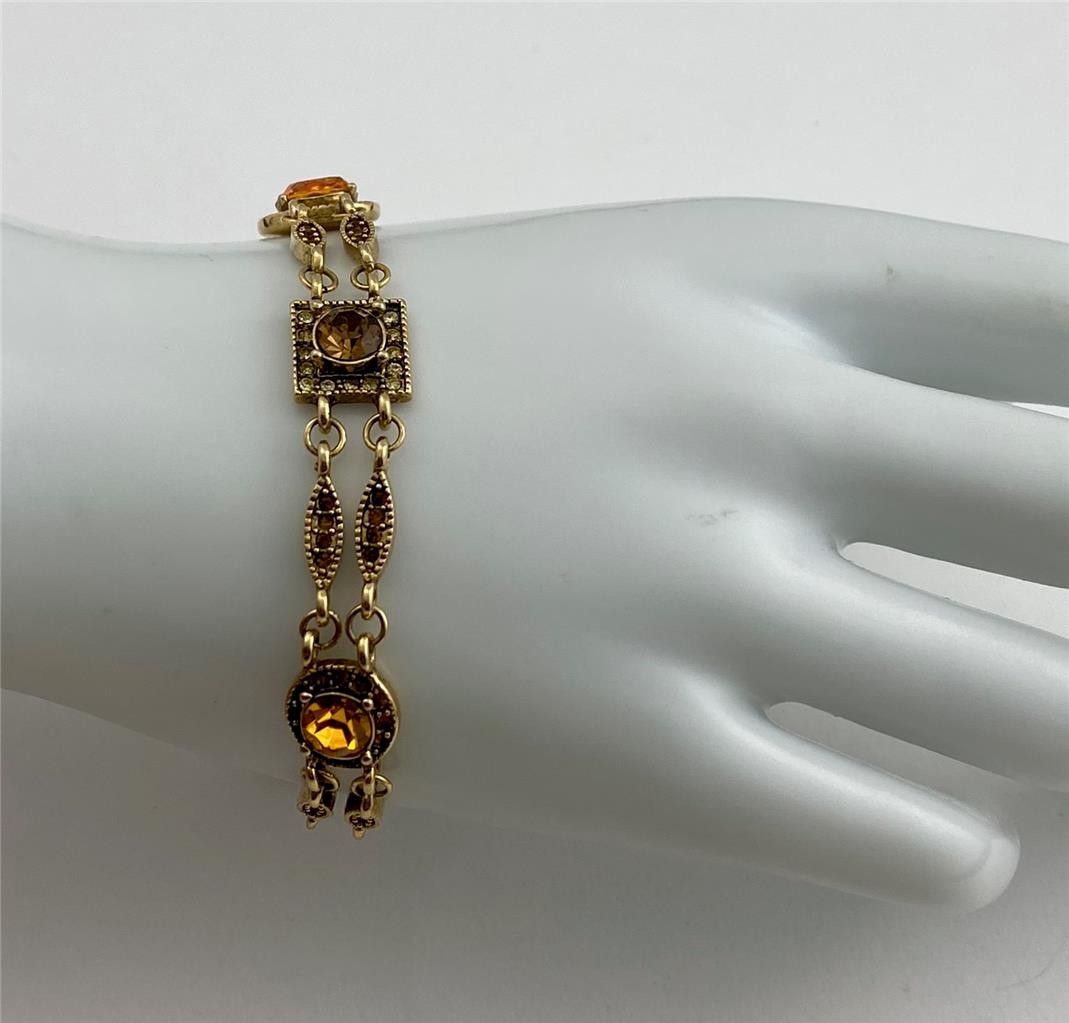 Premier Designs Retired Honey Amber Crystals Gold T Chain Station Bracelet 7.5″L