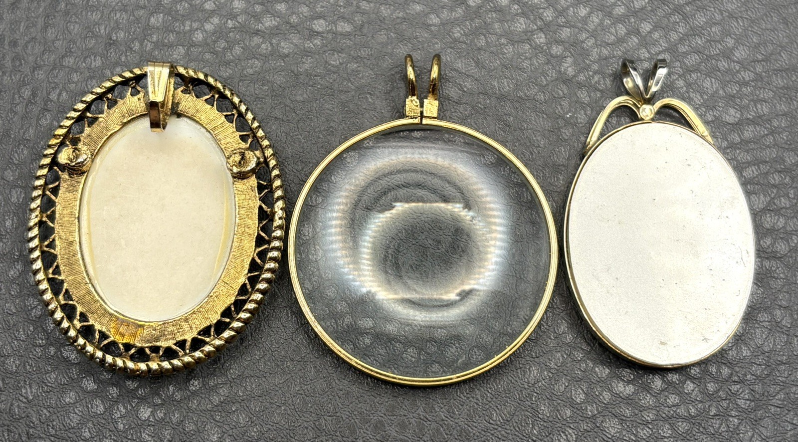 Vintage Lot Of 3 Pendants Gold Tone Floral Cameo Portrait Scene Magnifying Glass