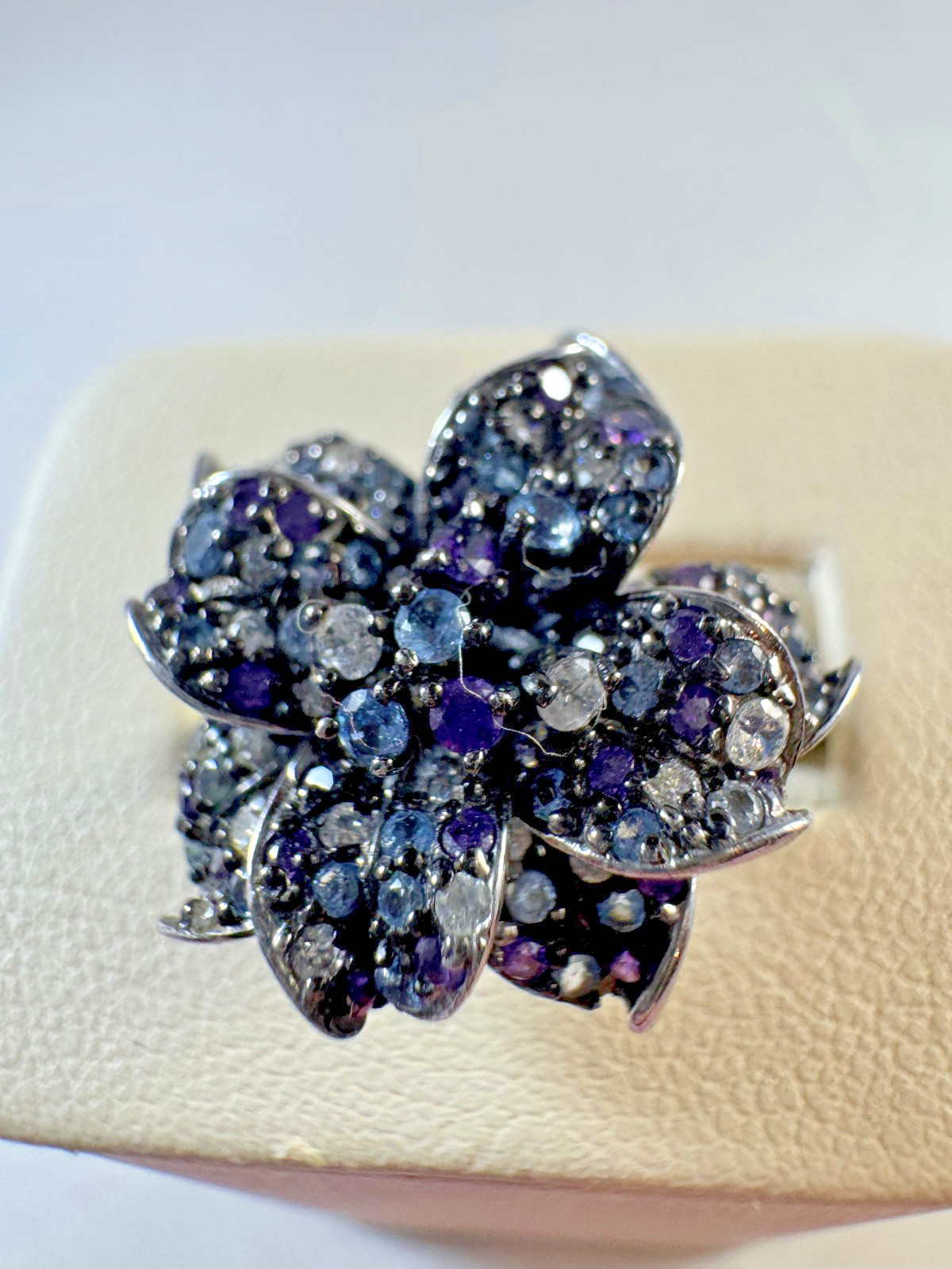 Vintage BGE Blue, Purple and Clear Stone Floral ring, size 6.75