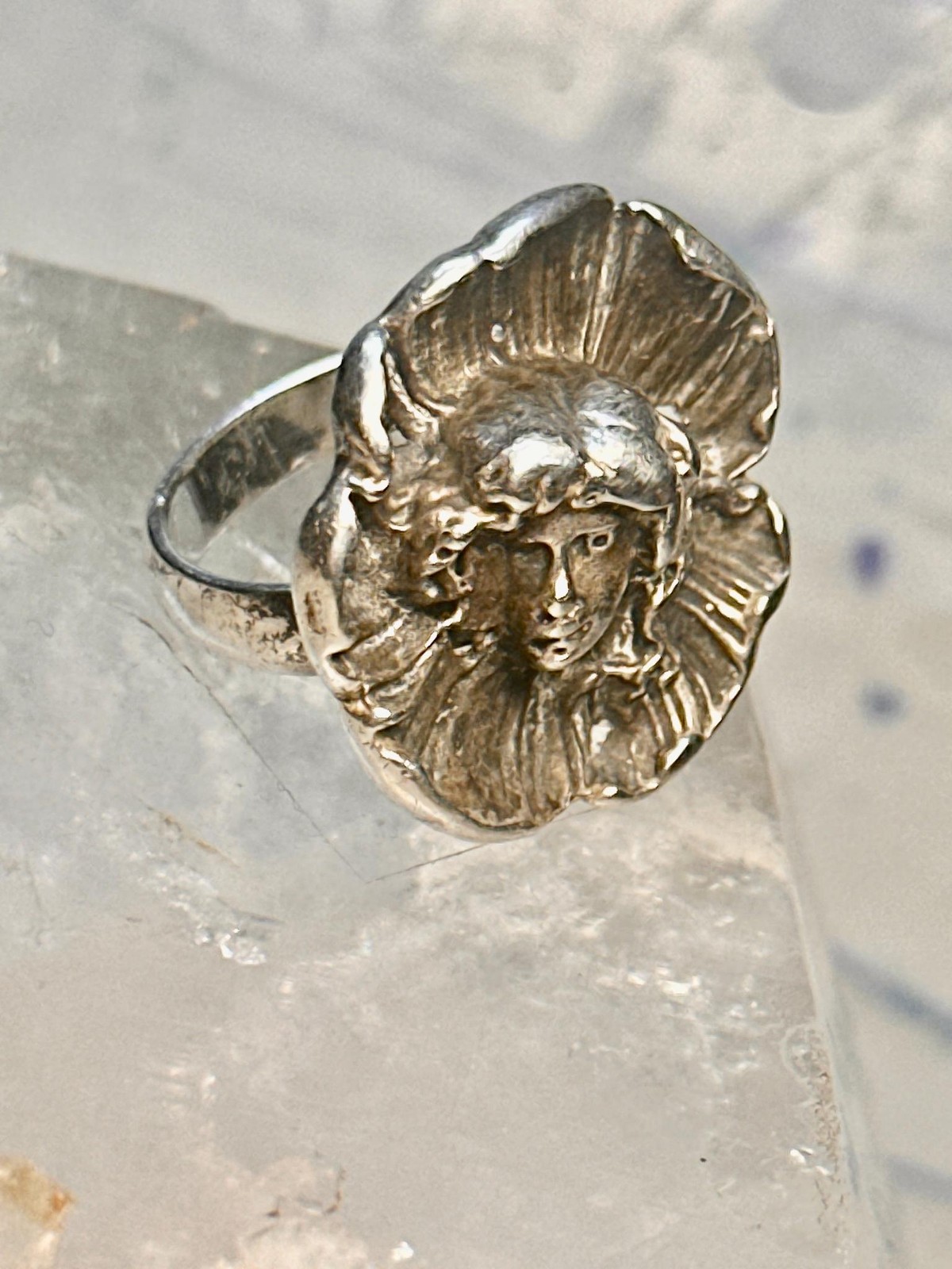 Vintage Face ring in poppy flower Art Nouveau size 6.75 sterling silver women gi