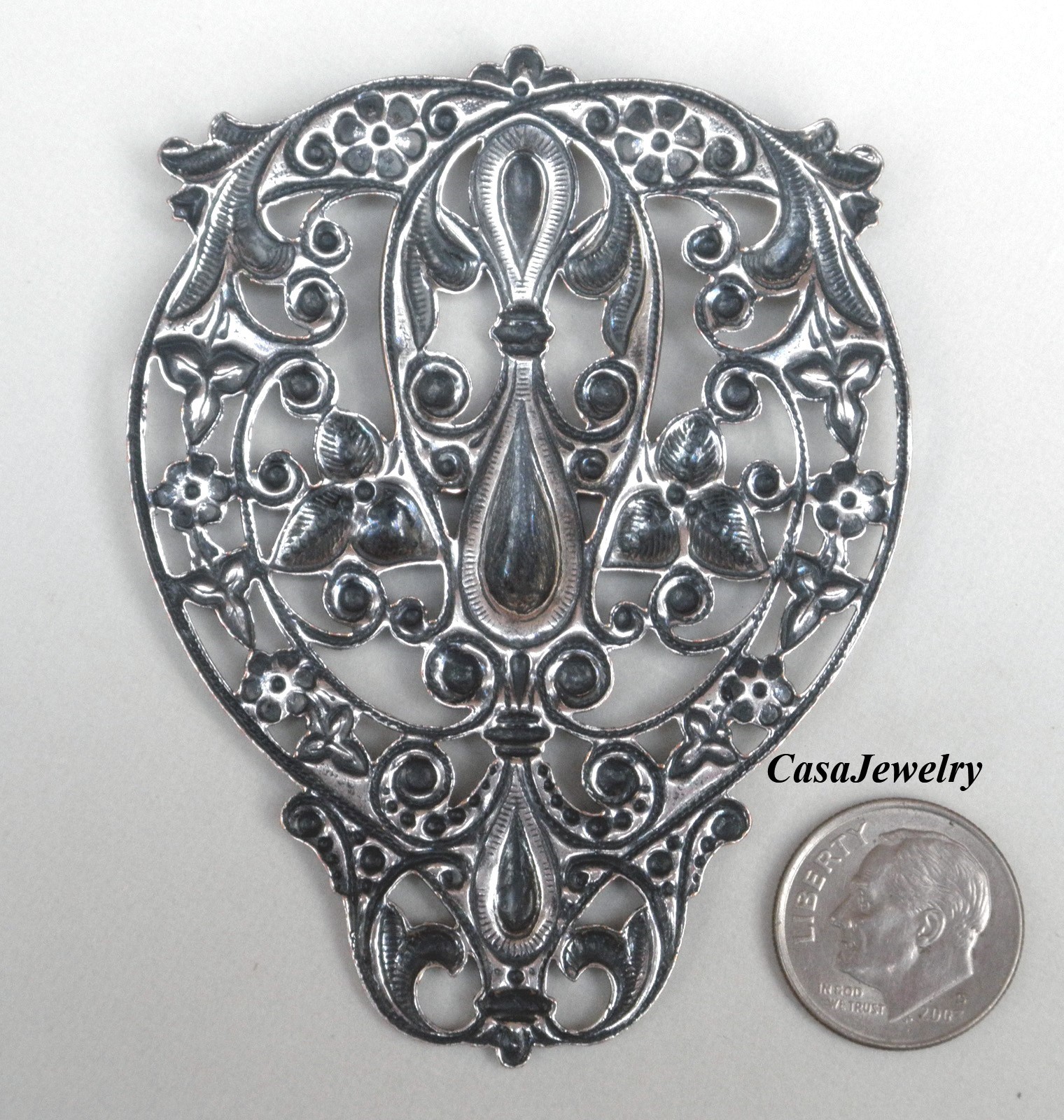 #4108 LARGE ANTIQUED STERLING SILVER PLATED FILIGREE SHIELD COMPONENT – 1 Pc