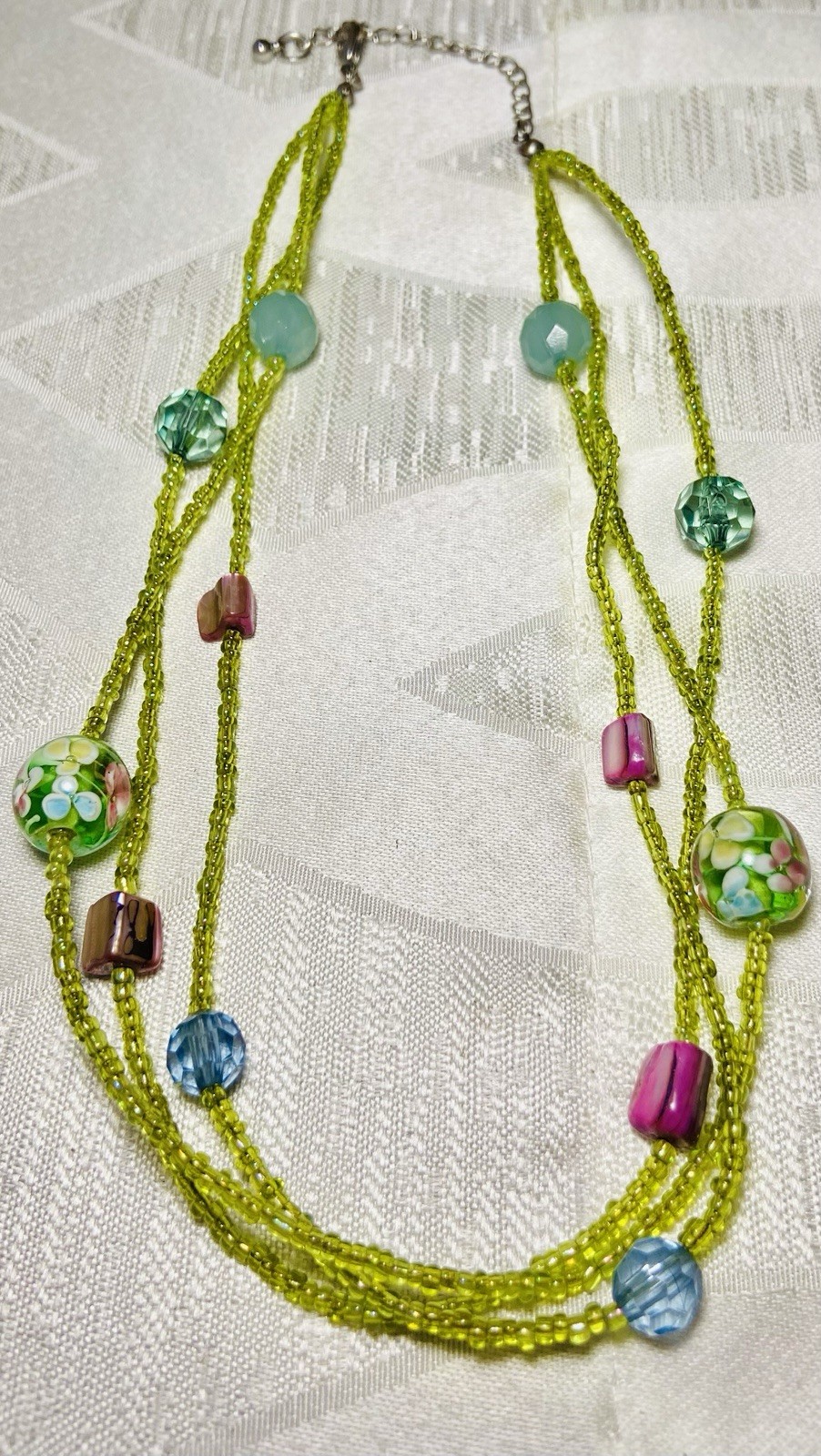 Vintage Multi Strand Beaded Necklace Floral Green Milleflori Style Adjustable