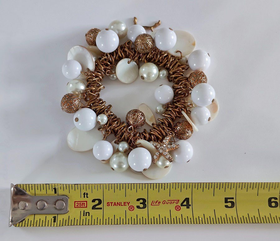 Gold Tone Statement Starfish Bracelet Nautical Pearls Beach Sea Life Chunky