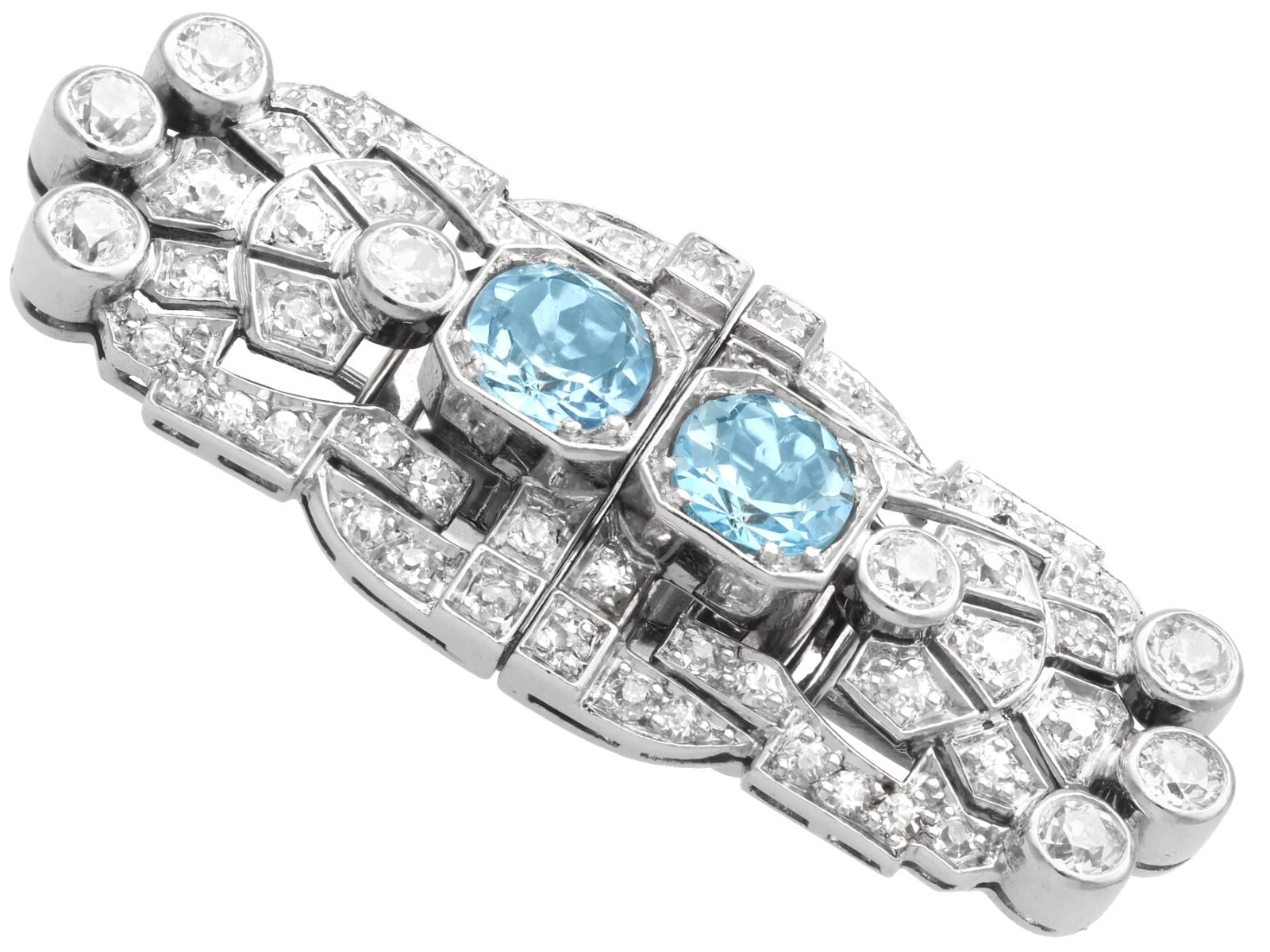 1.52Ct Aquamarine and 2.92Ct Diamond, 18k White Gold Double Clip Brooch