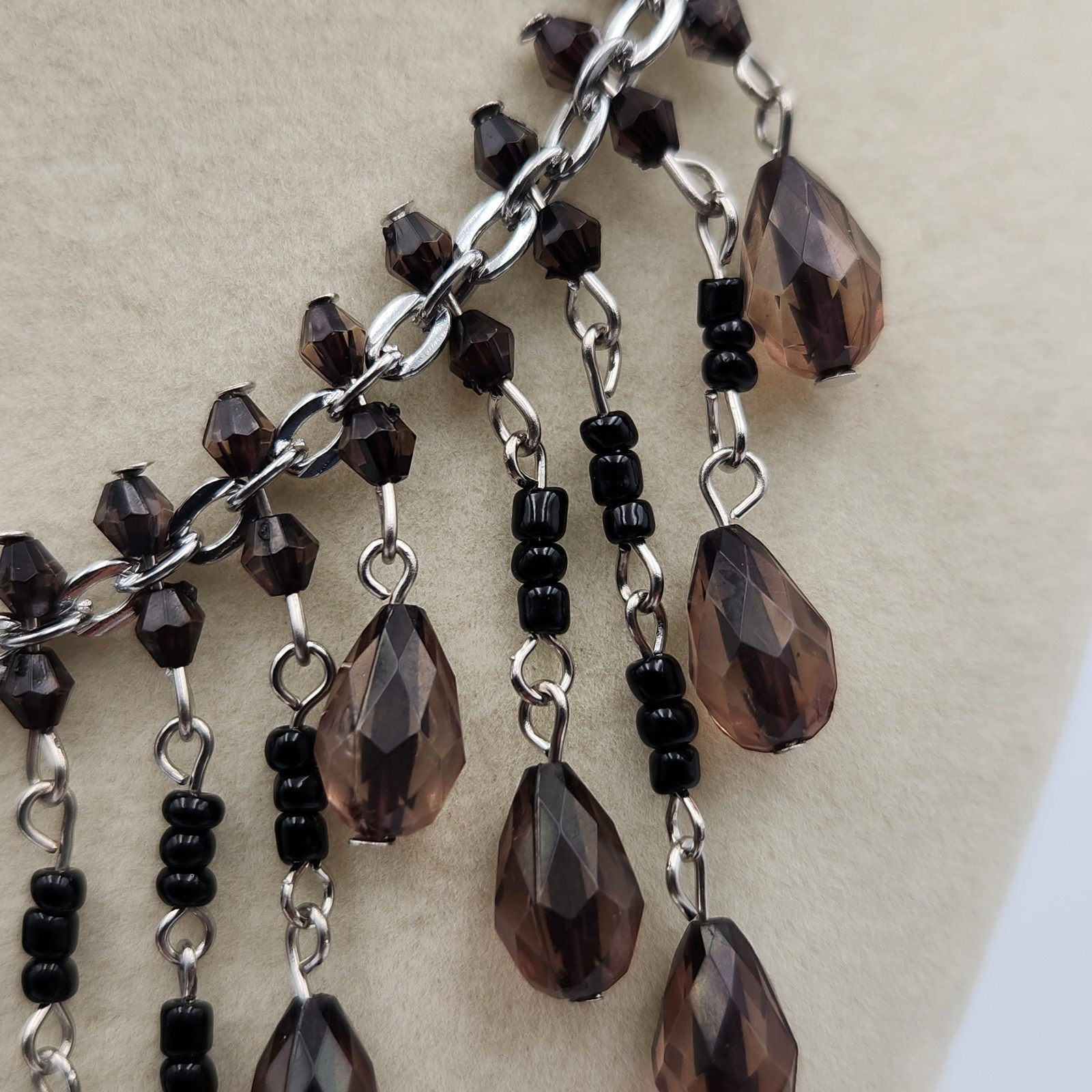 Vintage Style Silver Tone Chain with Black Rhinestones Beads Bib Necklace