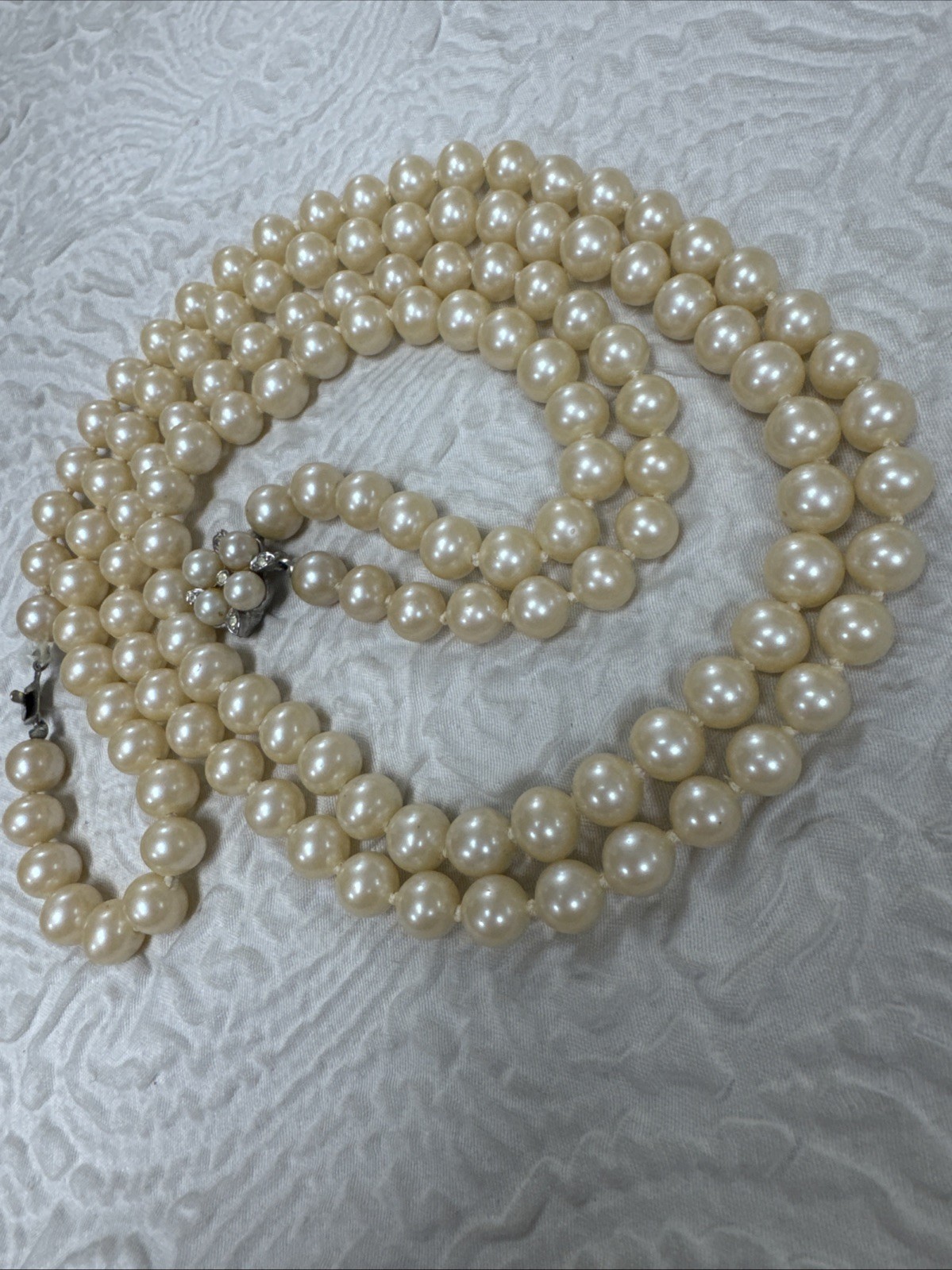 Vintage Hand Knotted Double Strand 24”Faux Pearls &Diamond Pearl Clasp 140 Grams