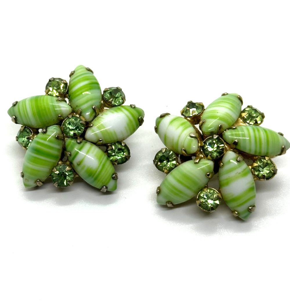 Vintage Green Striped Navette Glass Rhinestone Clip On Earrings Floral Cluster