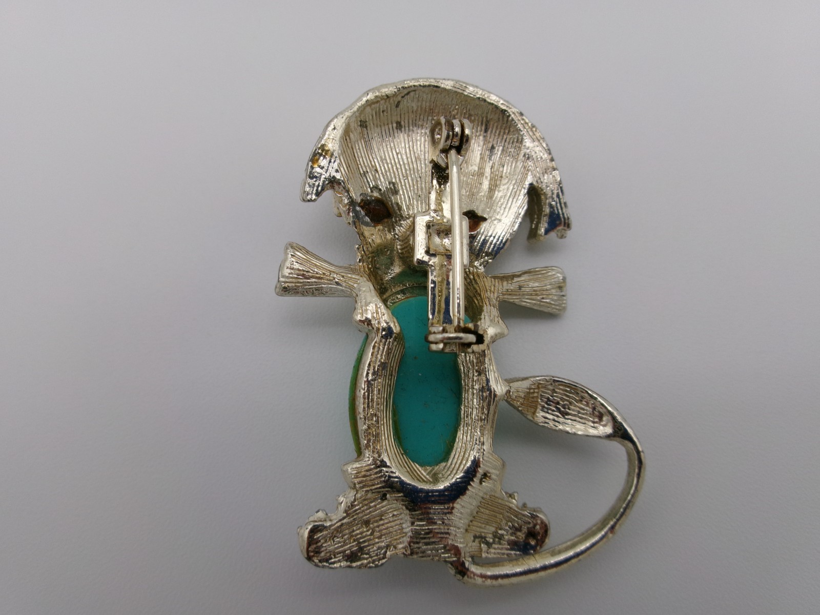 Vintage Whimsical Dog Brooch Pin 1960s/70s Turquoise Cabochon Belly Unsigned
