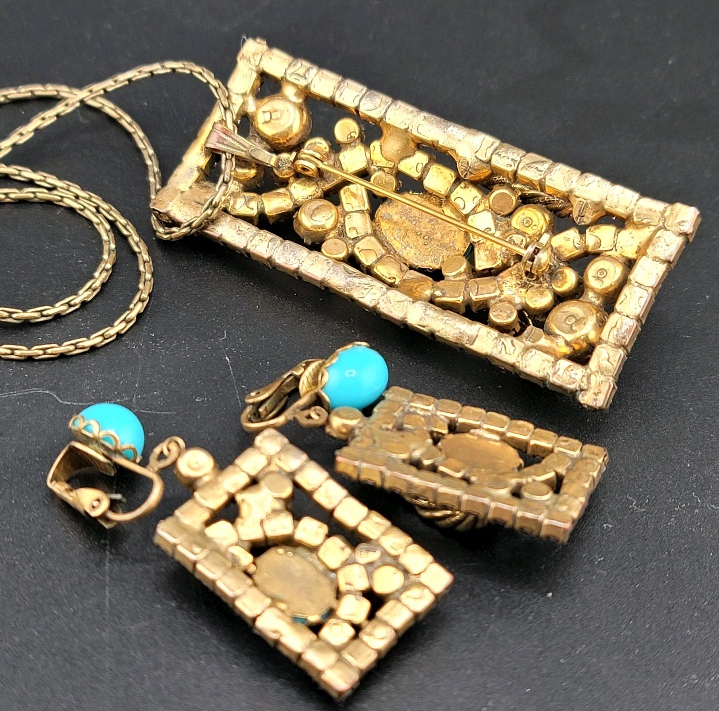 Vtg 3 pc Set Brooch Pendant Earrings Purple Rhinestones Blue Cabochons Jewelry