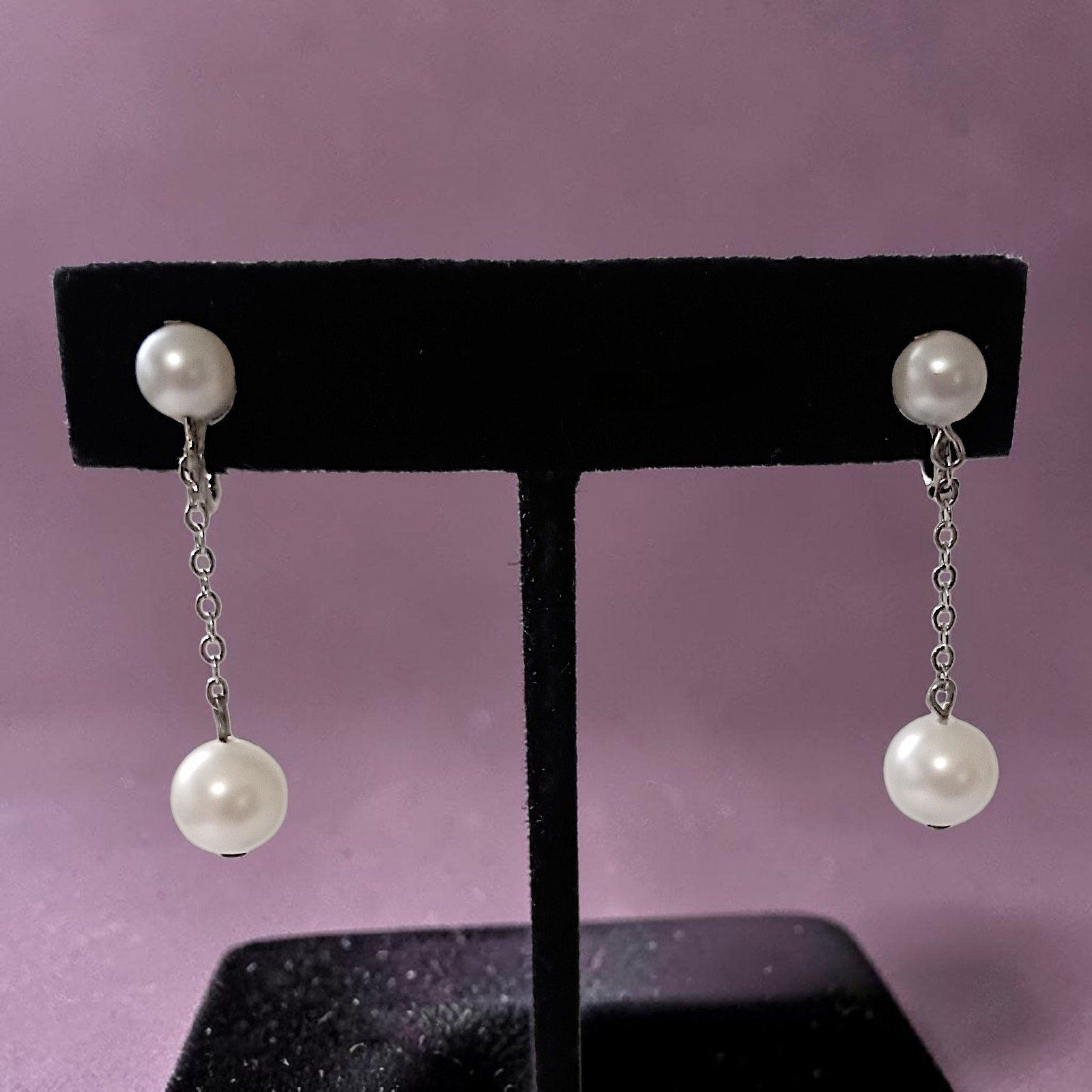 Vintage Faux Pearl Chain Dangle Earrings Dainty Delicate Silver Tone Elegant