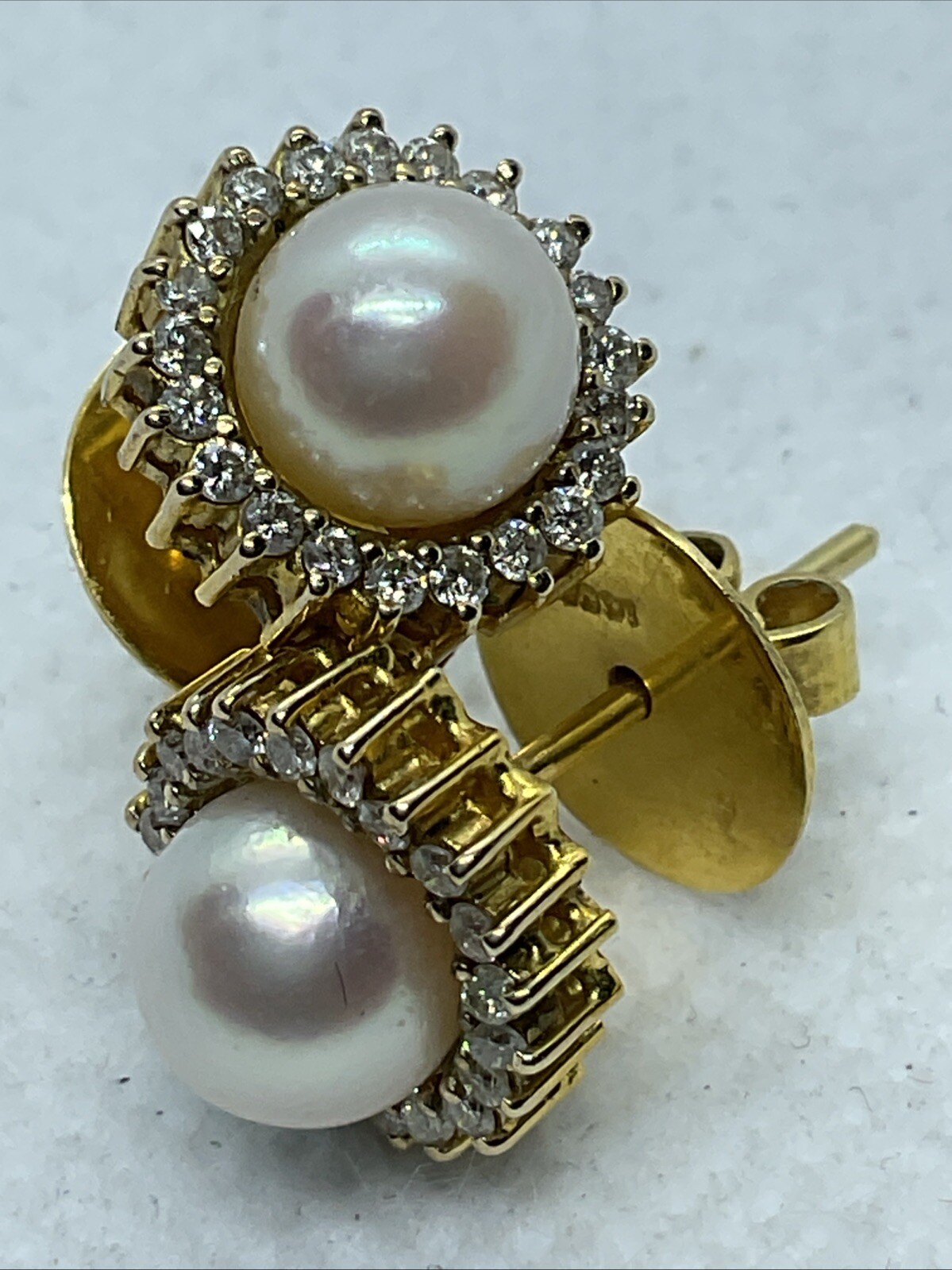 VINTAGE HANDMADE Solid 12K Yellow Gold Pearl & Diamond HALO Style STUD Earrings