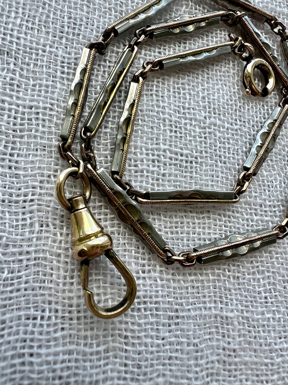 Art Deco 12K Gold Filled Two Tone Bar Link Watch Chain 14″ Swivel Dog Clip