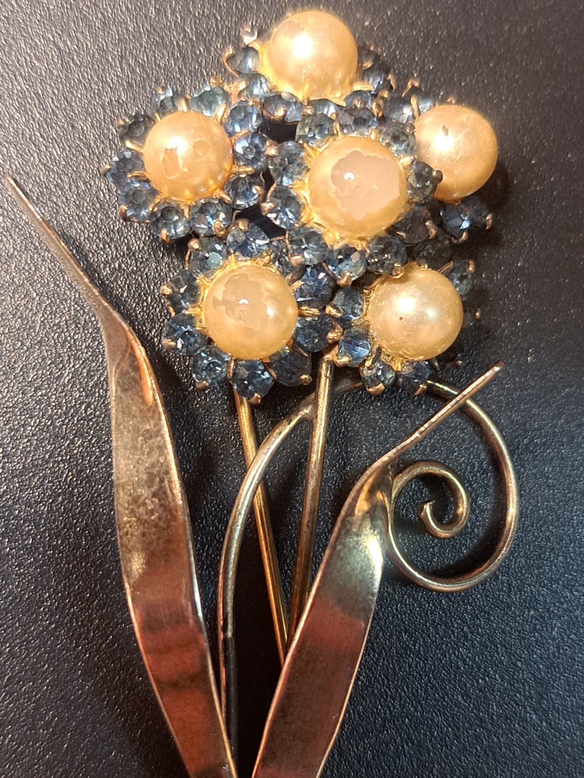 1950s 925 Sterling Silver Vermeil Blue Rhinestone Faux Pearl Brooch 3.5” 17gr
