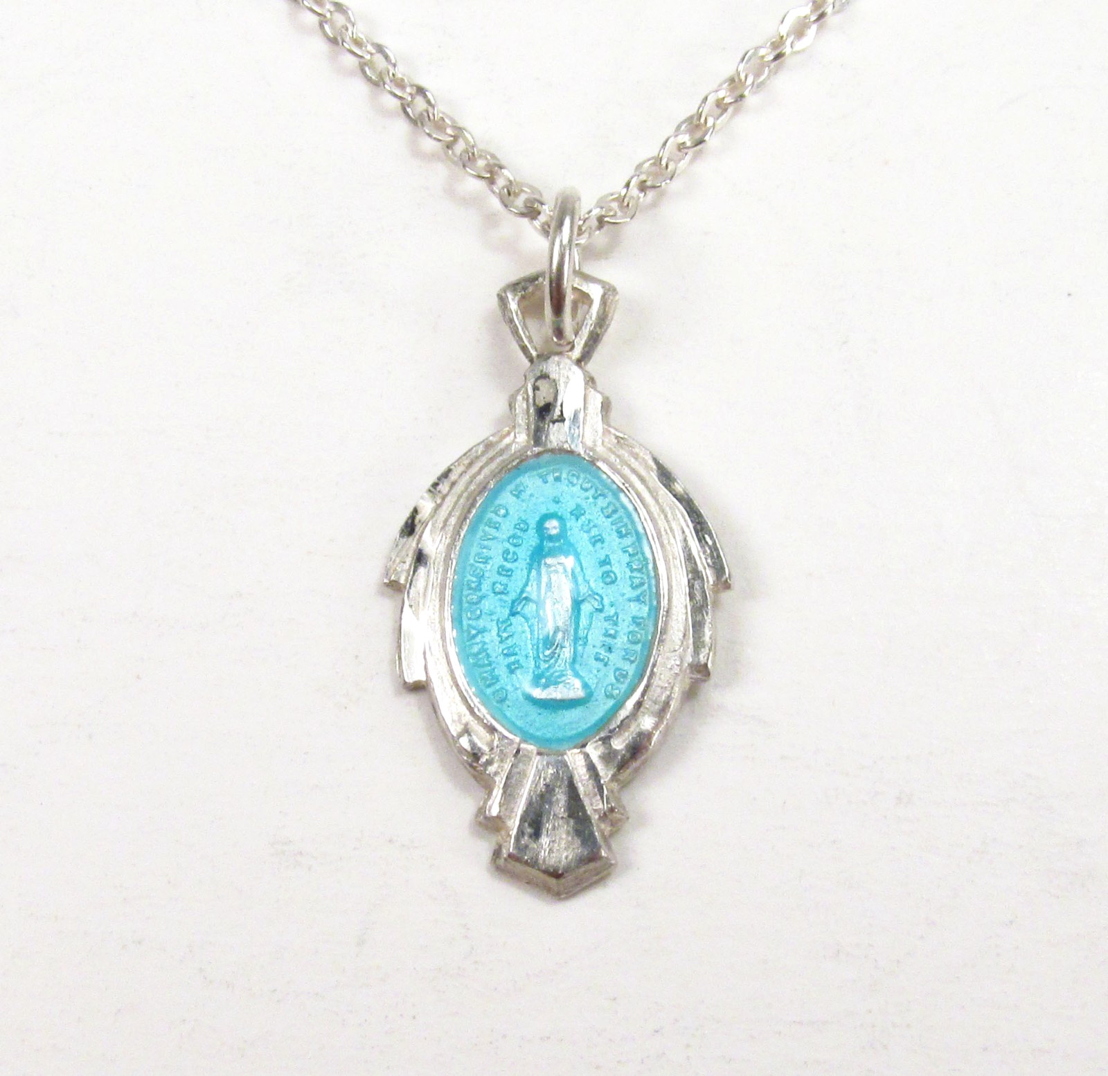 Vtg Catholic Miraculous Medal Sterling Silver Blue Enamel Art Deco Necklace 18″