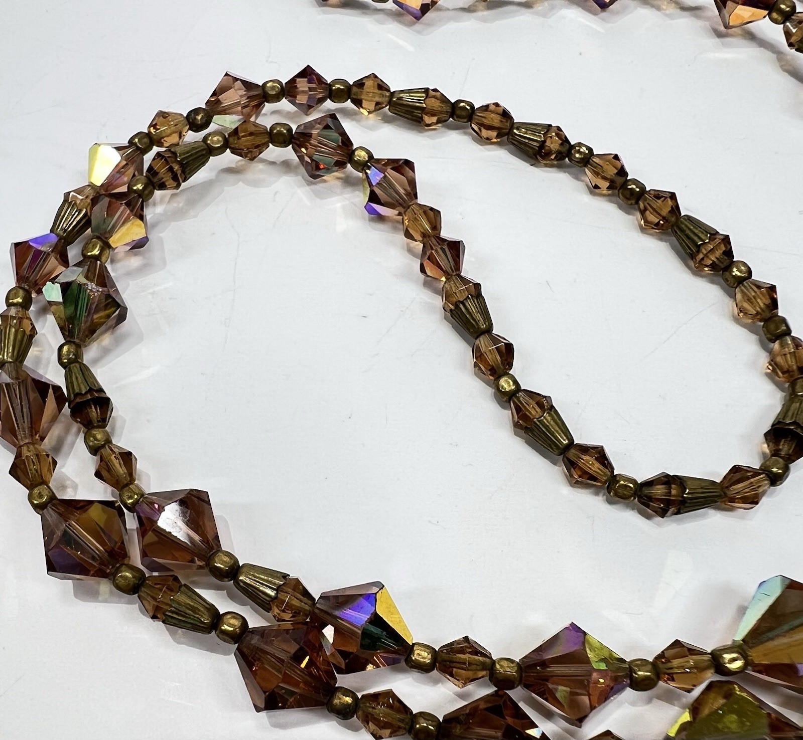 Vintage Faceted Bicone Crystal AB Bronze & Metal Spacers Long Graduated Necklace