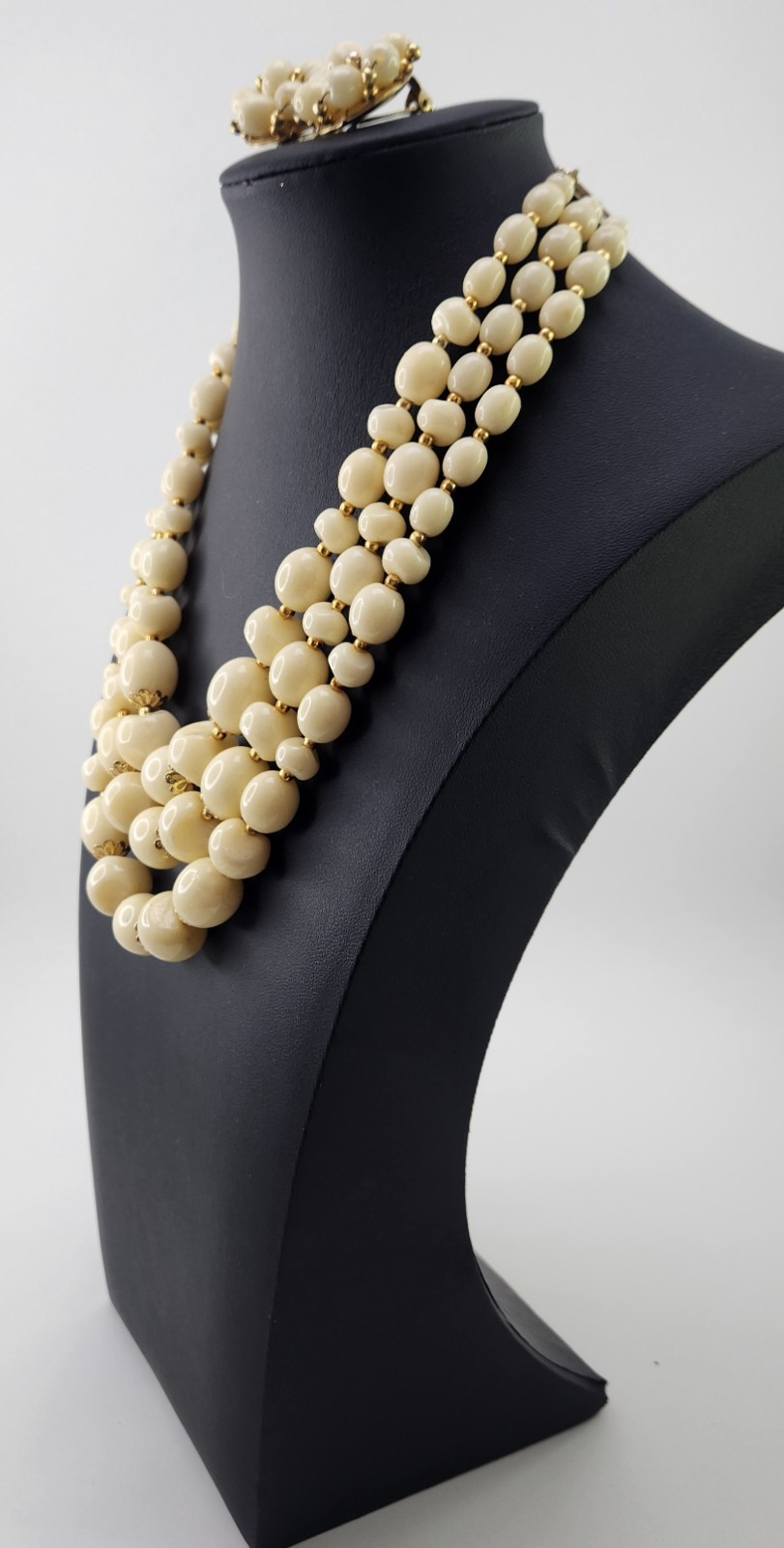 3 Strand Ivory and Gold Acrylic Bead Necklace Clip Earrings Set 1950s Hong Kong