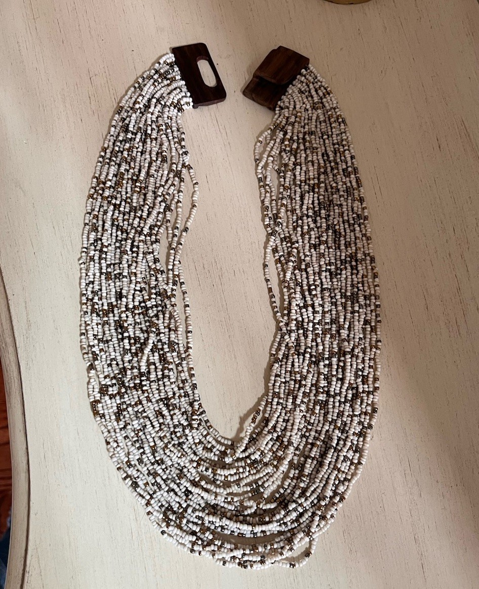 Vintage Multi Layered Ivory Gold Glass Seed Beaded Wood Hook Clasp Boho Necklace