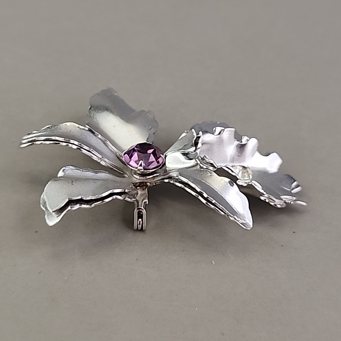 Vintage Flower Brooch Orchid Purple Rhinestone Silver Tone 2″