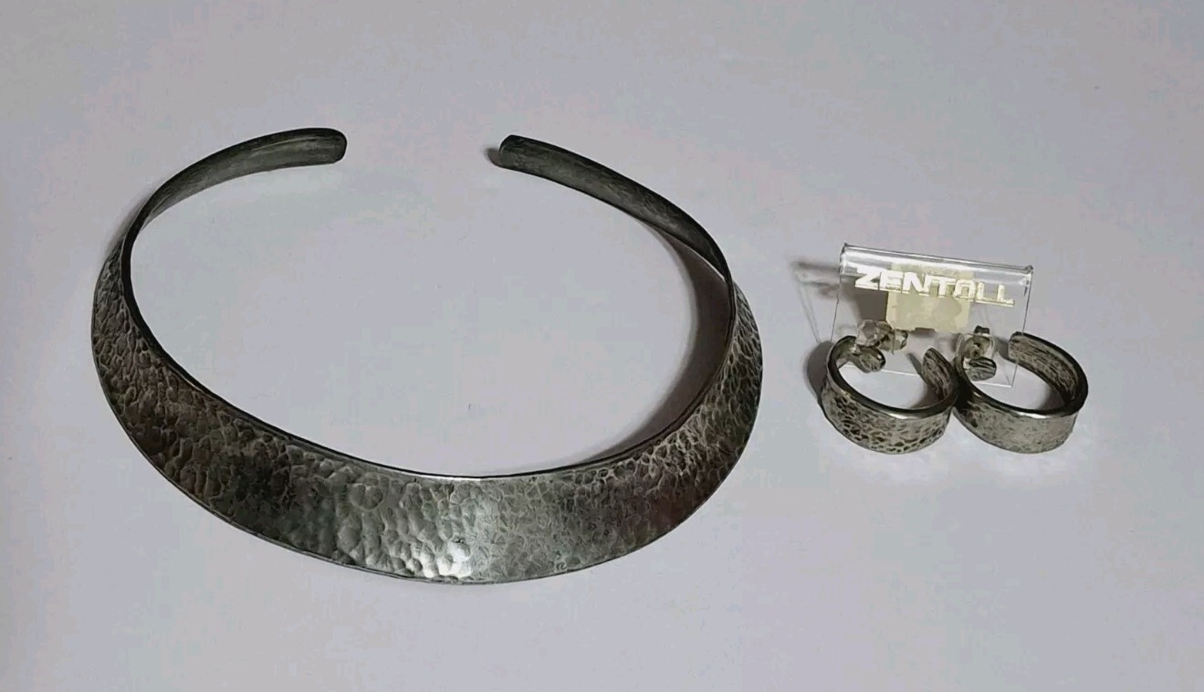 VTG ZENTALL AM PEWTER HAMMERED CHOKER COLLAR NECKLACE WITH HOOP EARRINGS (RARE)