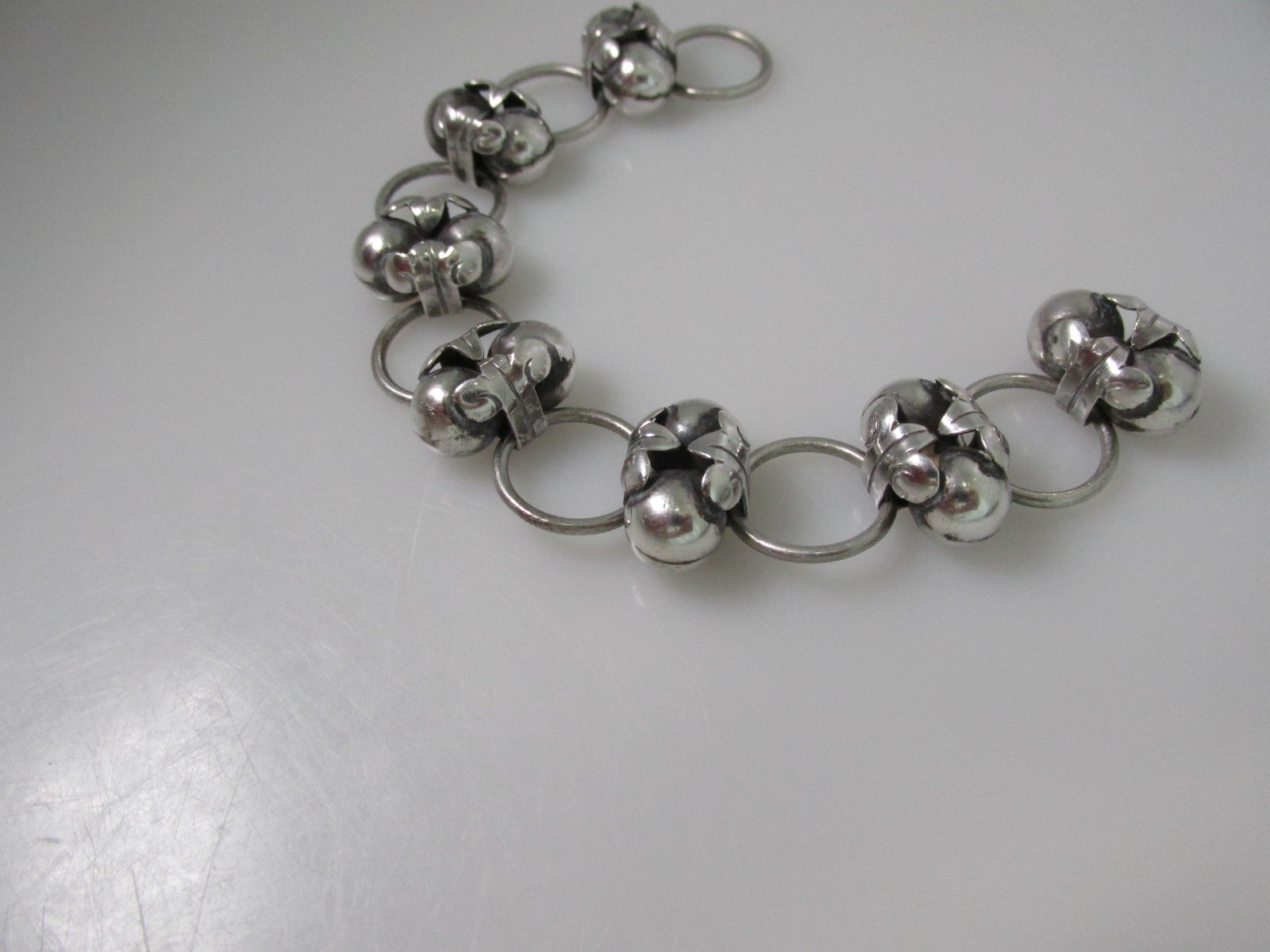 1940’s Design Mexico Taxco 980 Silver Pearl Link Bracelet Floral 32grams