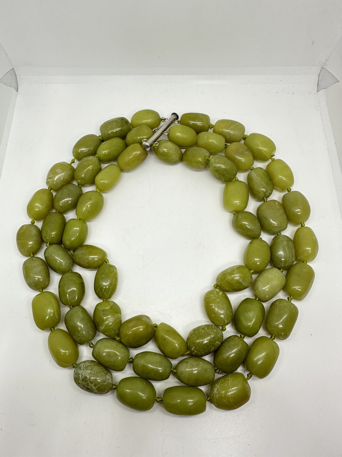 Vintage 3-Strand Olive Jade Nugget Beads Hand Knot 16-inch Choker Necklace
