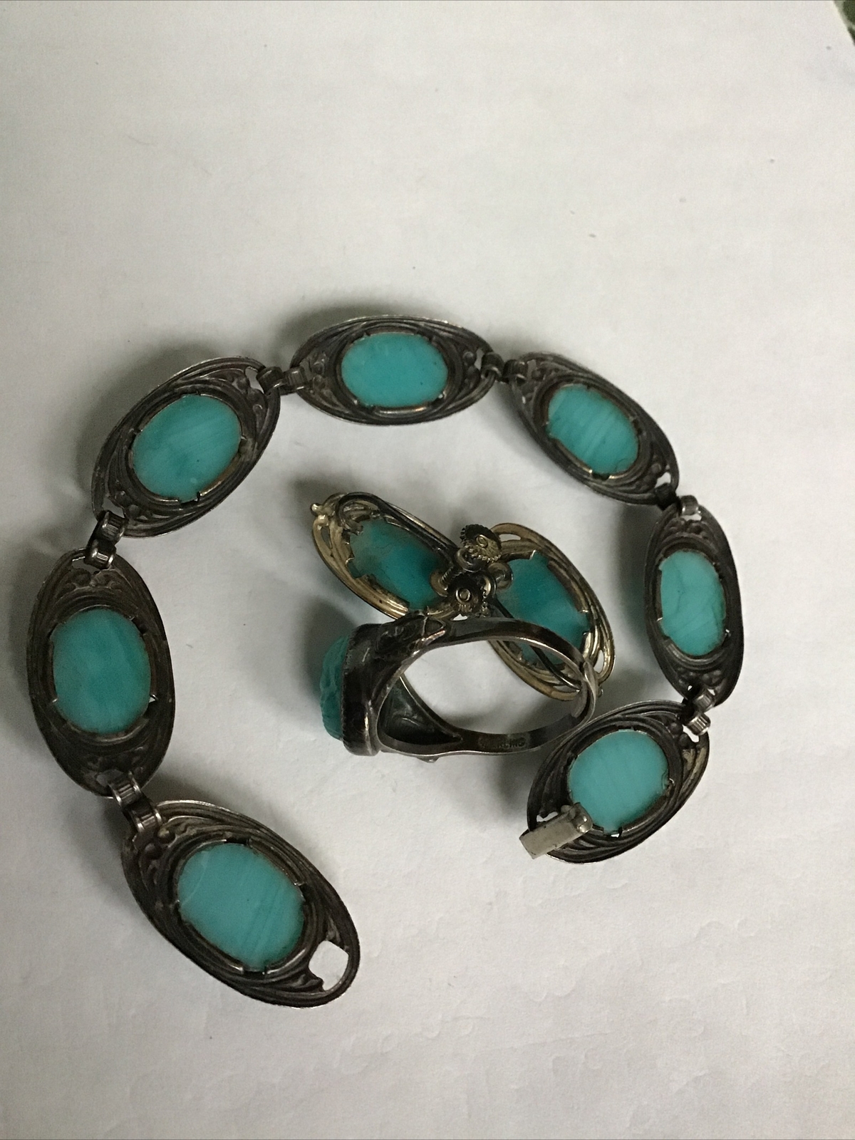Art Deco Egyptian Revival Matching Scarab Beetle Bracelet/Sterling Ring/Earrings