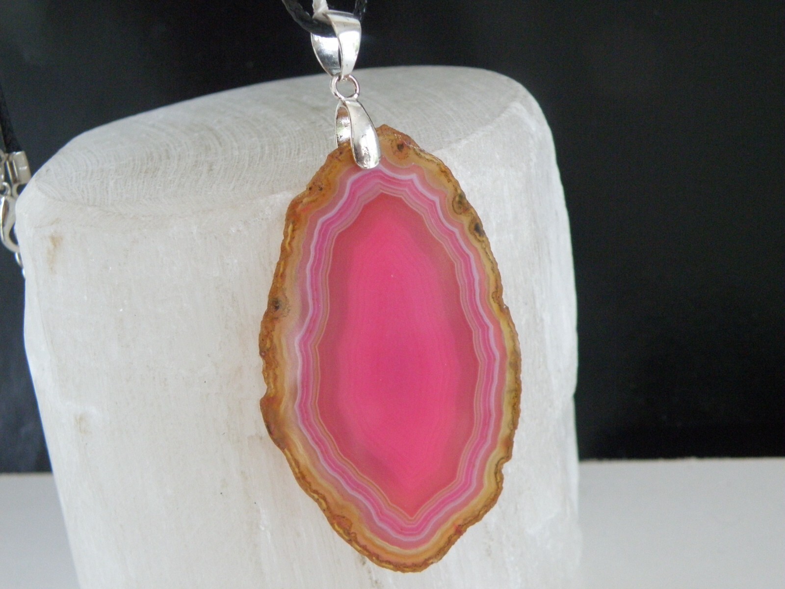 Huge Sterling Silver 925 Pink Geode Crystal Slab Vintage Pendant Necklace