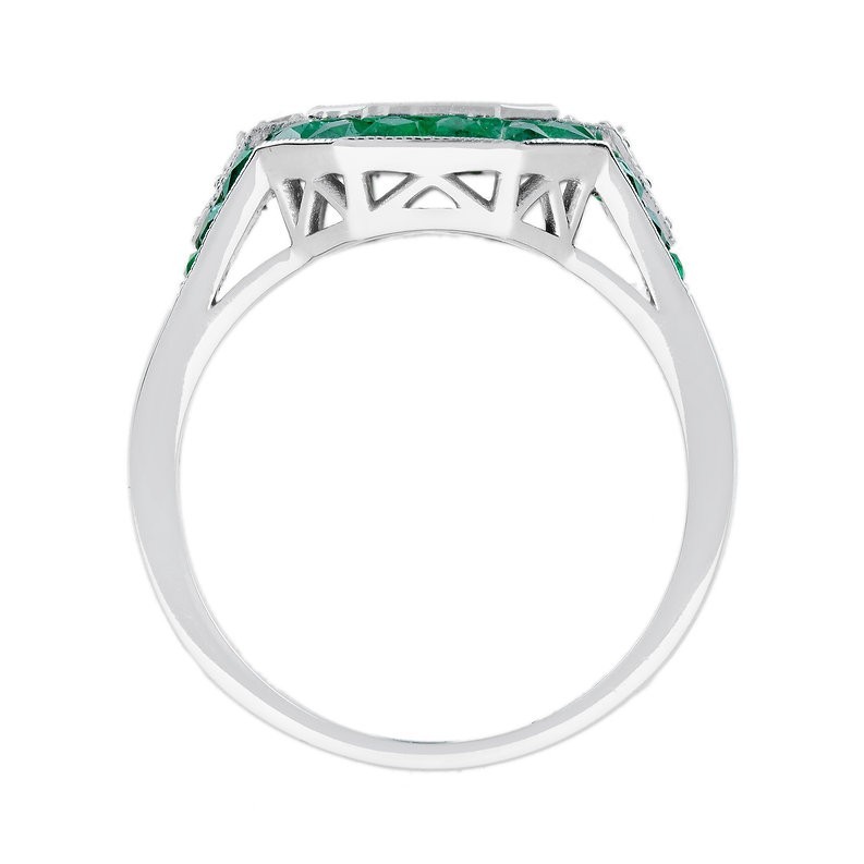 Art Deco 3Ct Lab Created Diamond and Emerald Anniversary 14K White Gold FN Ring