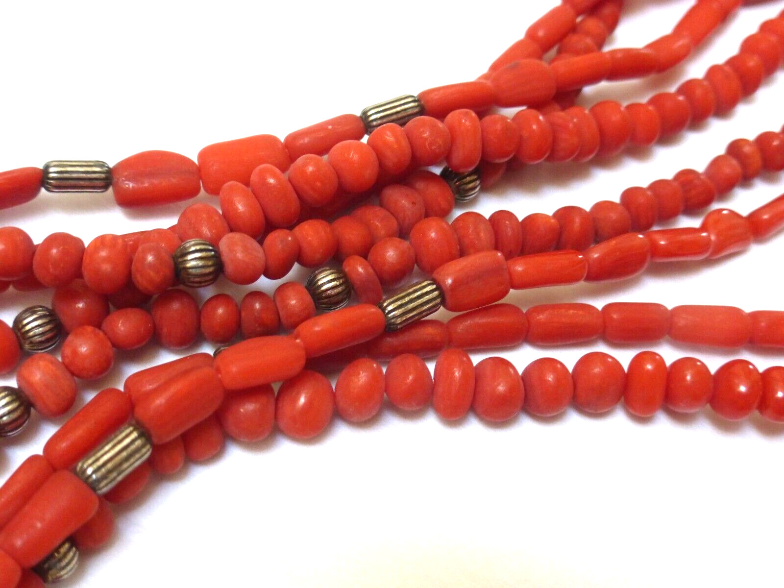 Vintage sterling silver red coral bead 4 stands necklace, undyed