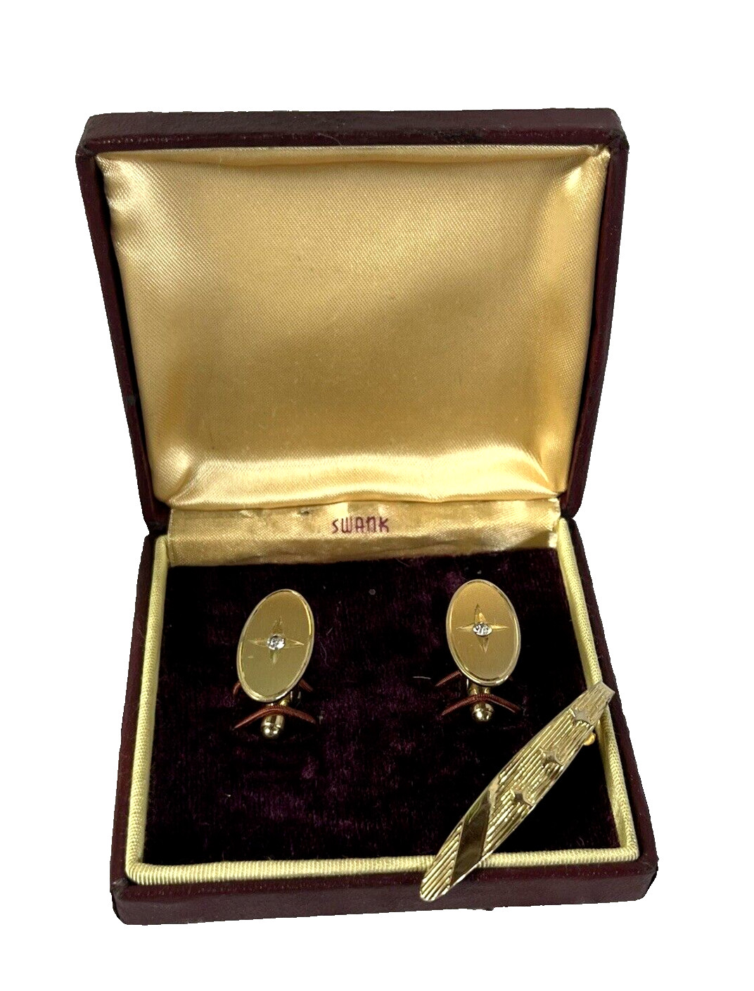Swank Vintage Brushed Gold Faux Diamonds Mens Cufflinks & Tie Clip w/ Box