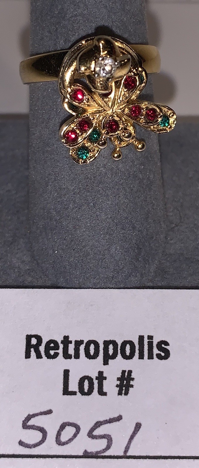 Gold Tone Spinning Butterfly Ring Rhinestone Red Green Gemstones Vintage