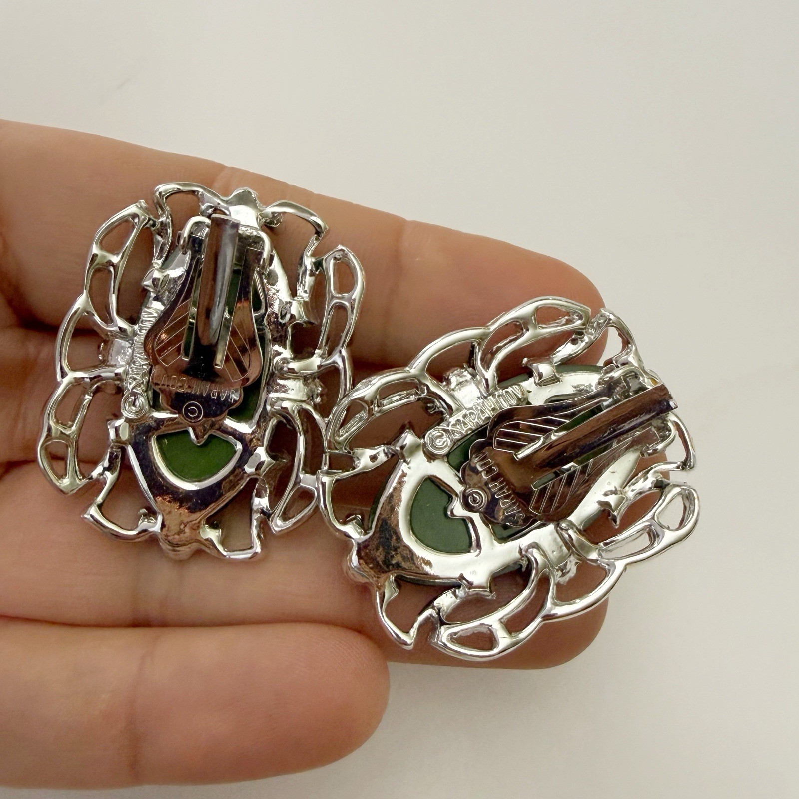 Vintage Sarah Coventry Carousel Dark Green Lucite Ornate Scroll Clip On Earrings
