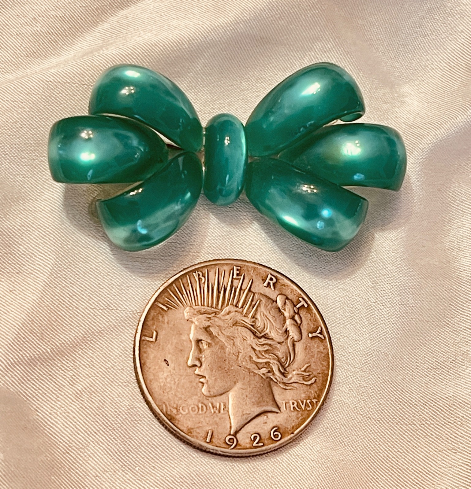 Two Thermoset Plastic Ribbon & Bow Brooches~1 Pink~1 Green-Kinda Moonstone Look