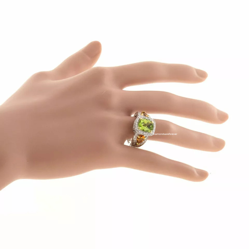 Authentic Cushion Shape 11.01ct Peridot Citrine 925 Silver Cubic Zirconia Ring