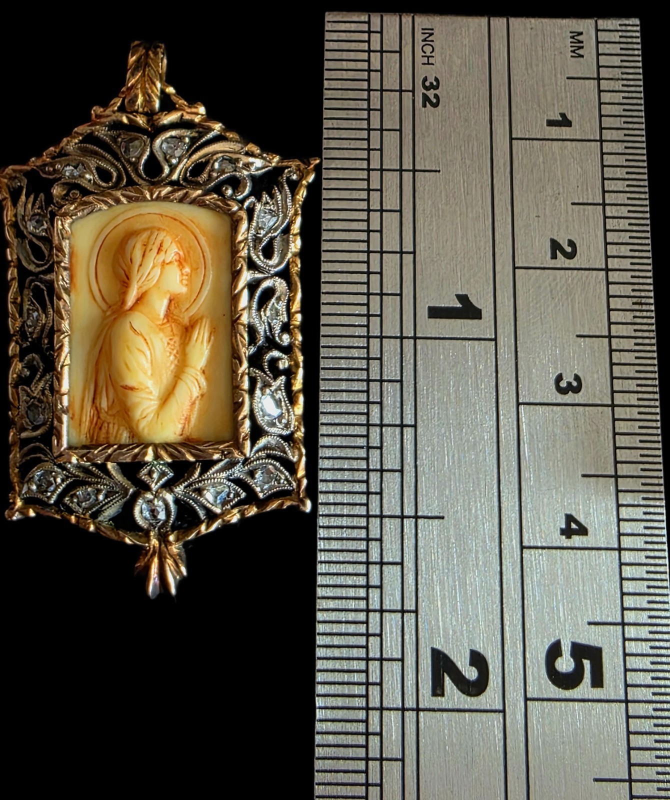 Fine Antique Art Nouveau 18K Gold Silver Diamonds Virgin Mary Pendant Ca 1900