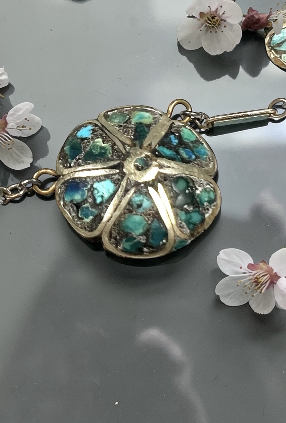 Kashmiri Tibetan Turquoise Chip Mosaic Inlay Necklace Flower Medallions 18” Atq