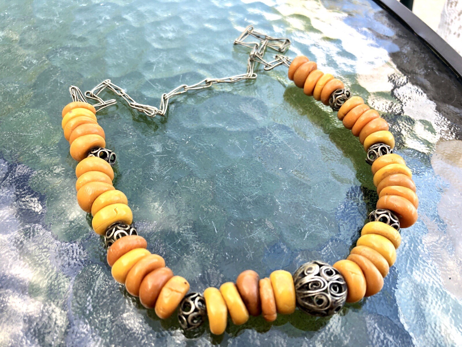 Antique Ethnic Butterscotch Egg Yolk Flat Nugget Scroll Bead Necklace Morocco