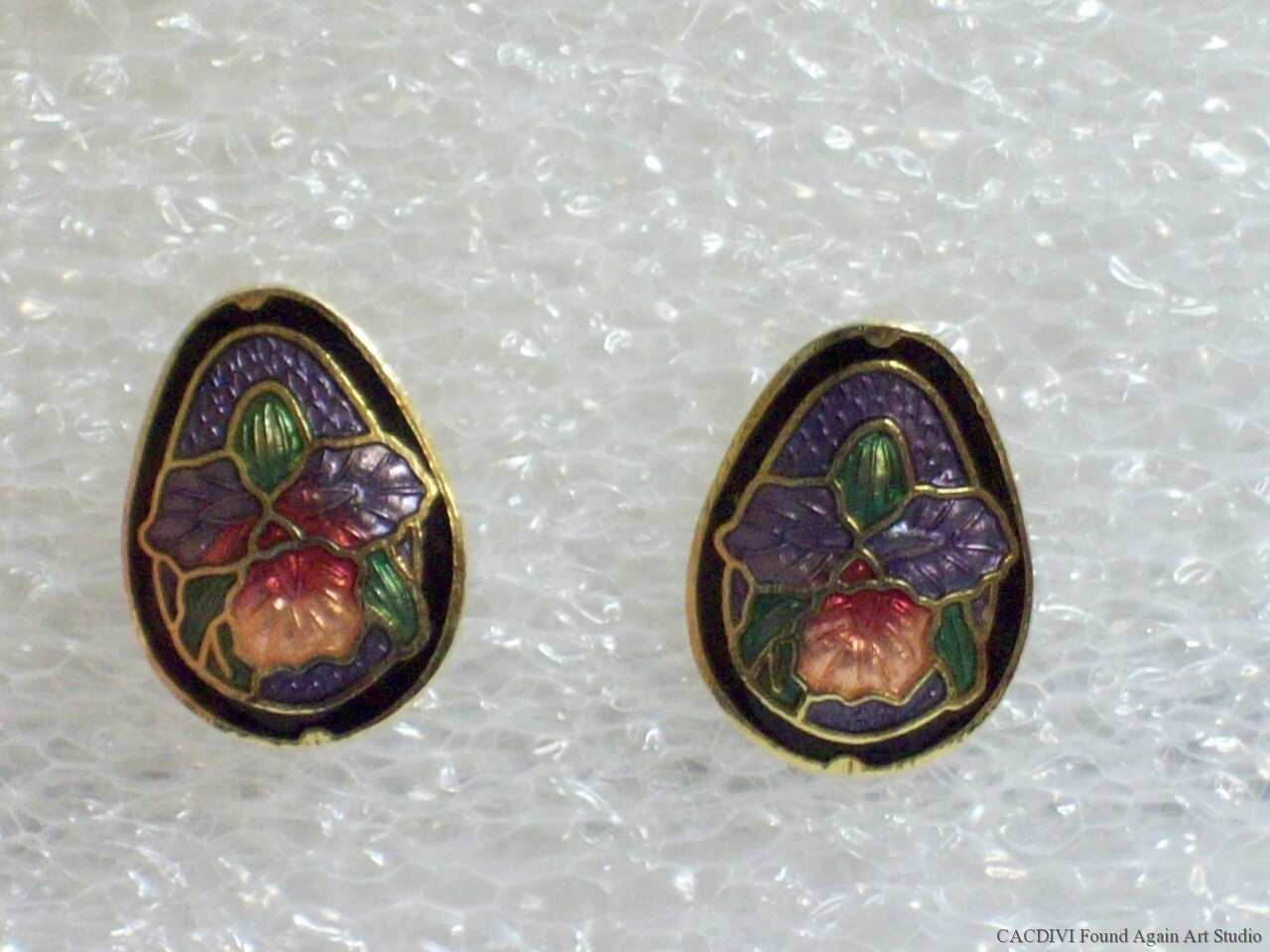 Retro Enamel Orchid Earrings Small Purple Pink Multi Color Cloisonne Flowers Vtg